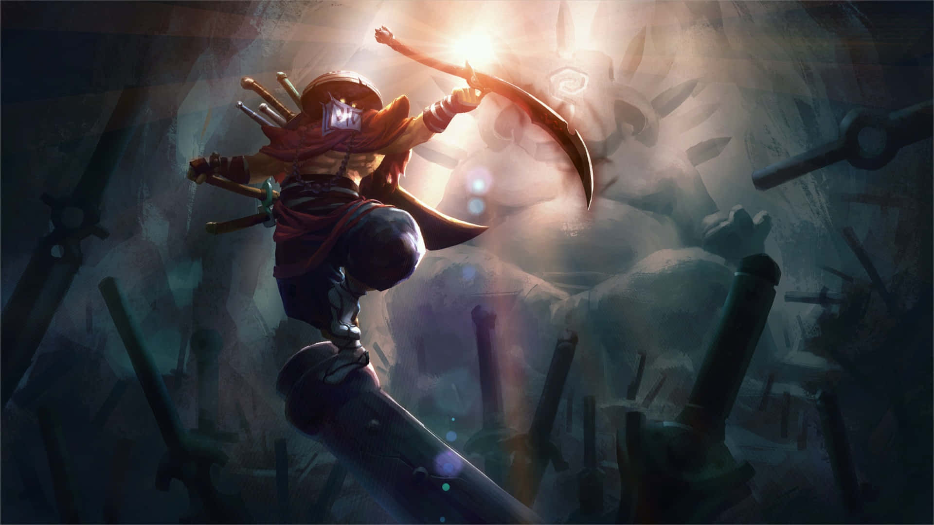 Dota 2 Juggernaut 桌布 壁紙 — 一名戰士躍過迷霧戰場，揮舞著一把被浮劍環繞的發光彎刀。