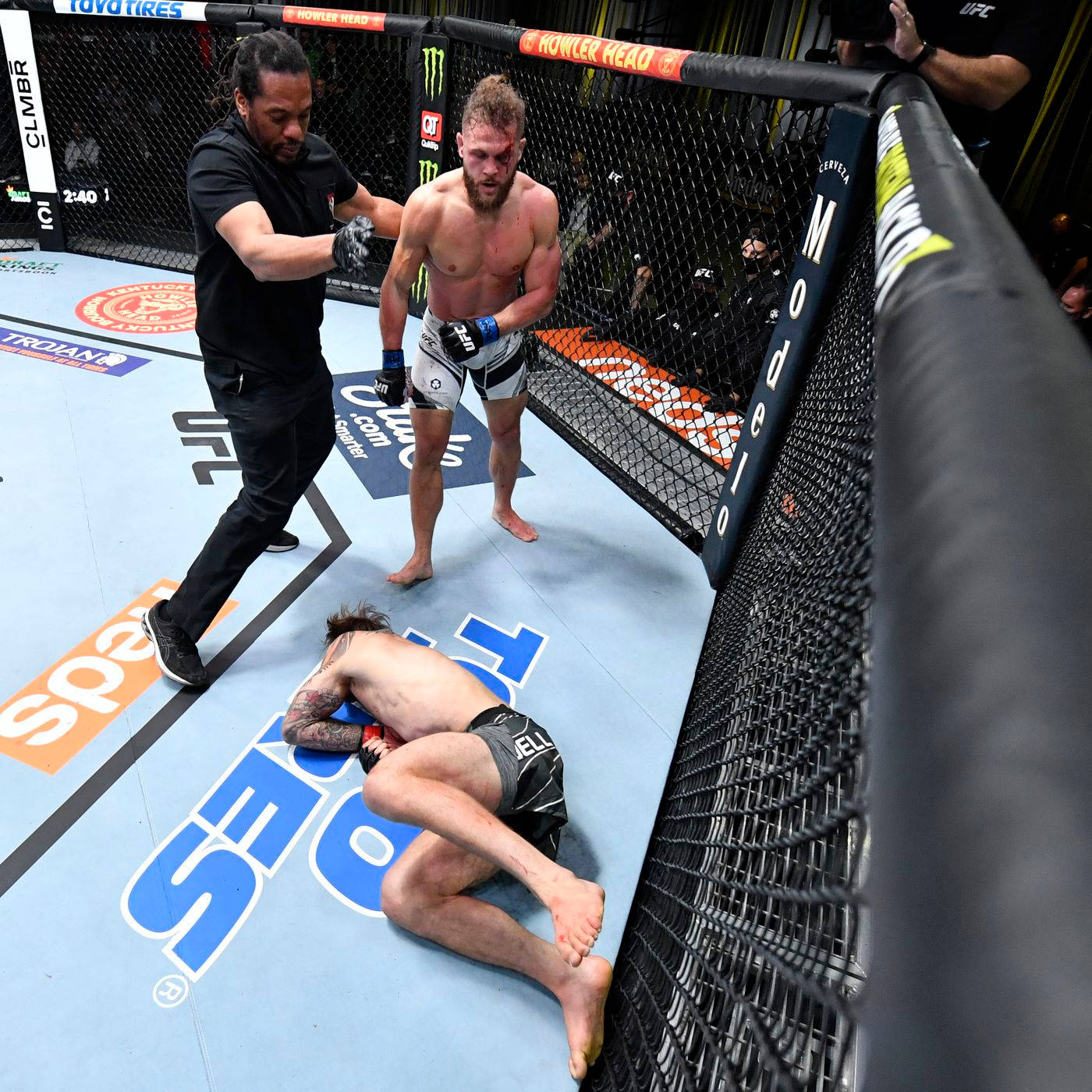 UFC 桌布 壁紙 — 一名戰士躺在藍色八角形墊子上被擊敗，而他的對手則勝利地站著，裁判介入。