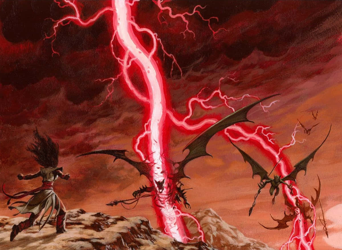 Red Lightning 桌布 壁紙 — 一名戰士面對兩條惡魔龍，同時一道巨大的紅色閃電從暴風雨的天空中劈下。