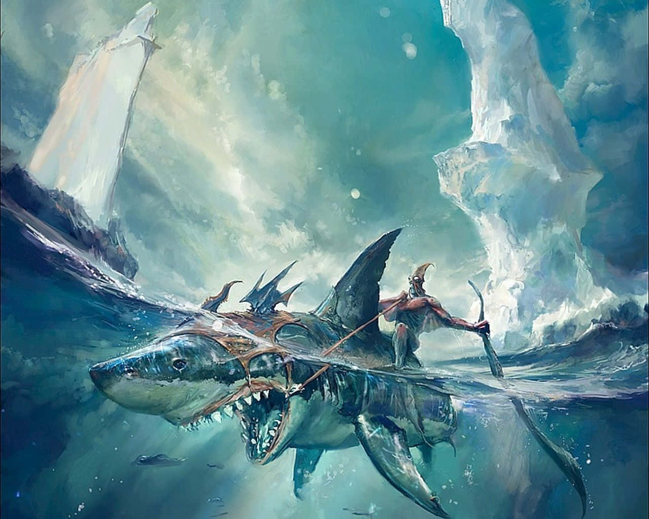 鯊魚 桌布 壁紙 — 一名戰士騎著一條巨鯊穿過冰冷的水域，背景有船和冰山，風暴肆虐。