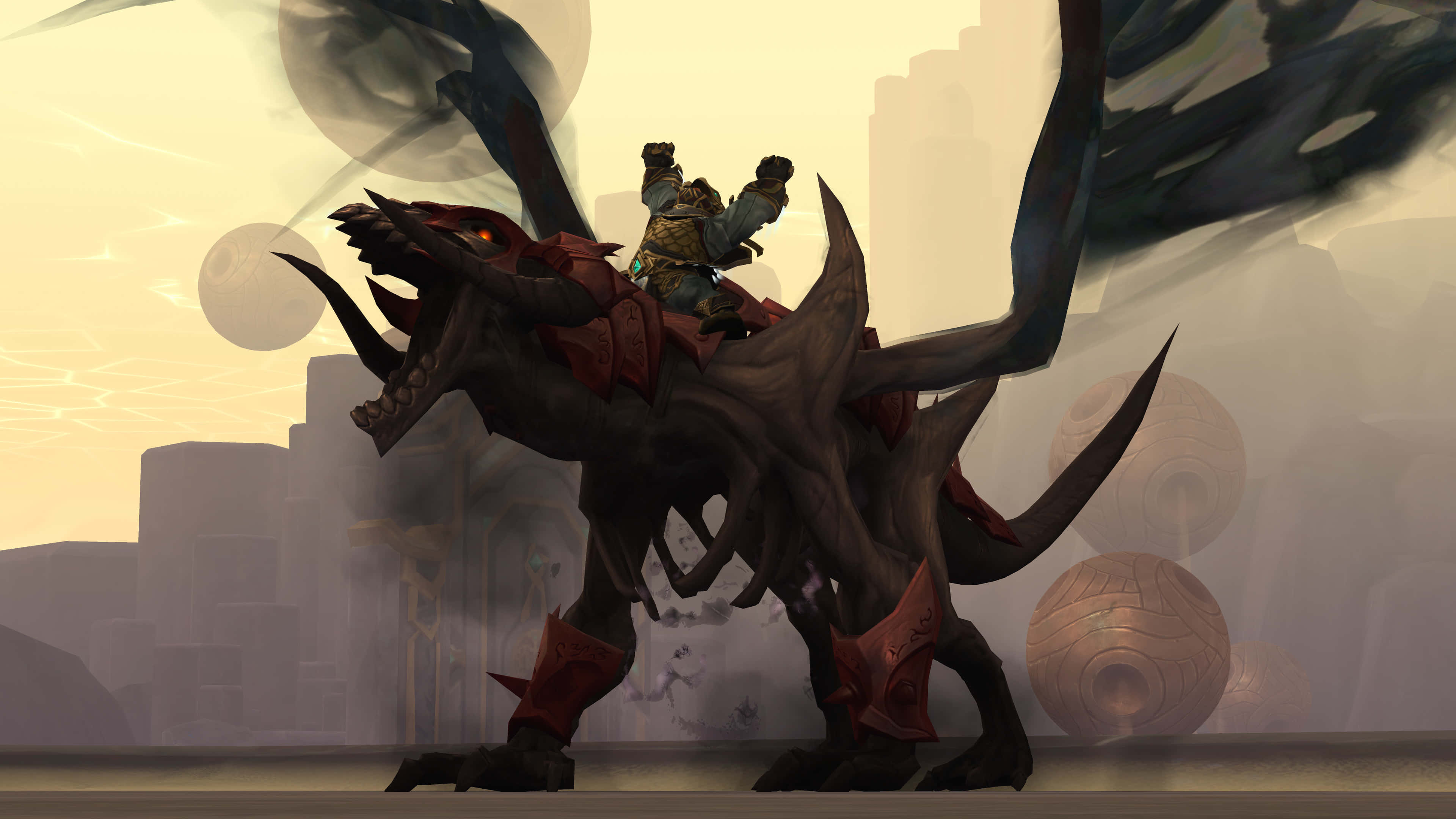 World Of Warcraft Shadowlands 桌布 壁紙 — 一名戰士騎著一隻巨大的黑色龍，配有紅色盔甲，背景是朦朧的日落城市景觀。