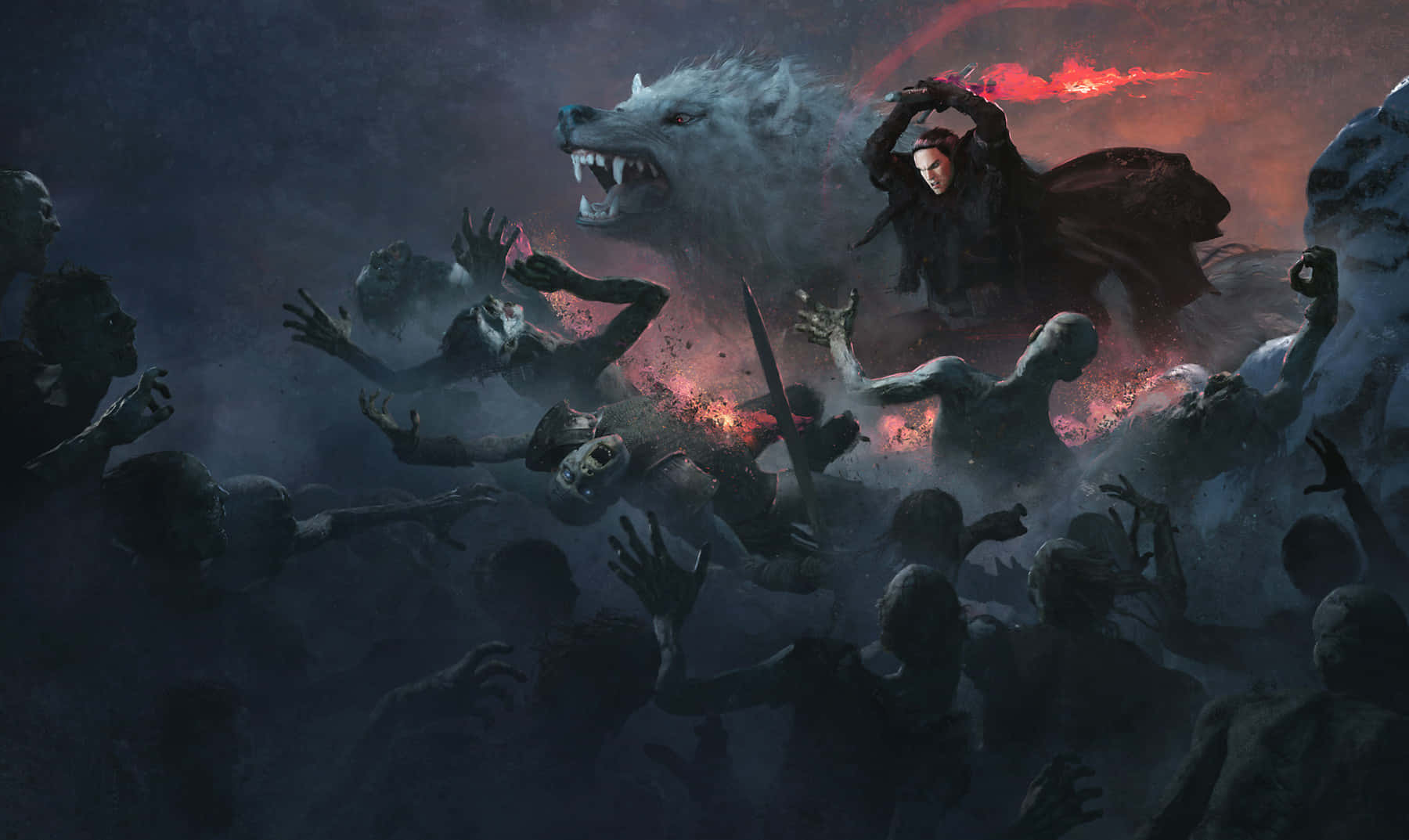 Wolf Attack 桌布 壁紙 — 一名戰士騎著一頭白狼，在血紅色的天空下穿過不死之手的風暴。
