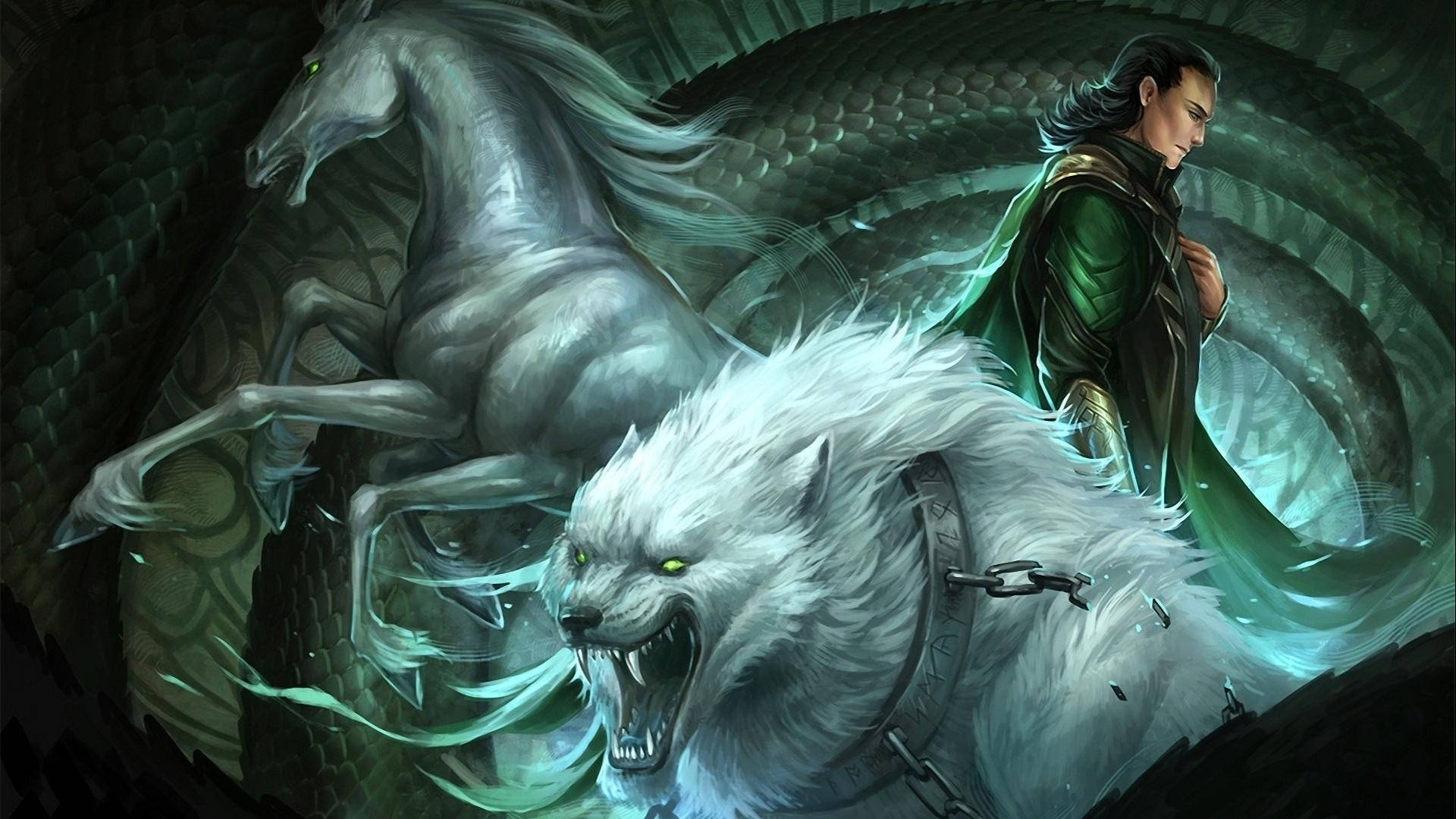Norse 桌布 壁紙 — 一名戰士騎著咆哮的白狼，旁邊有一匹幽靈般的白馬，穿過一條被詭異綠光照亮的黑暗隧道。