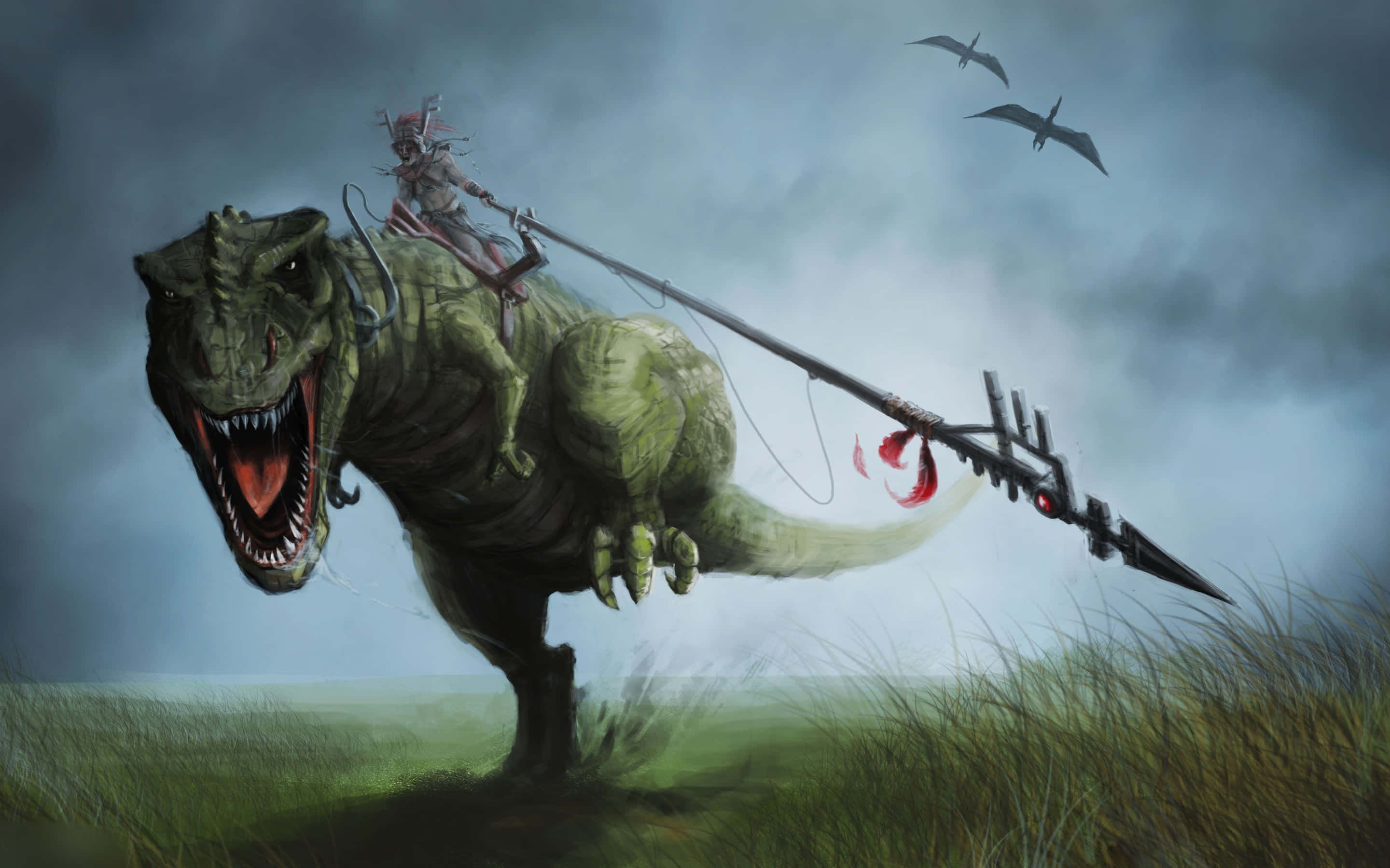 Dinosaur Cartoon 桌布 壁紙 — 一名戰士騎著咆哮的綠色暴龍穿過暴風雨的原野，揮舞著帶刺的長矛，矛尖滴著血。