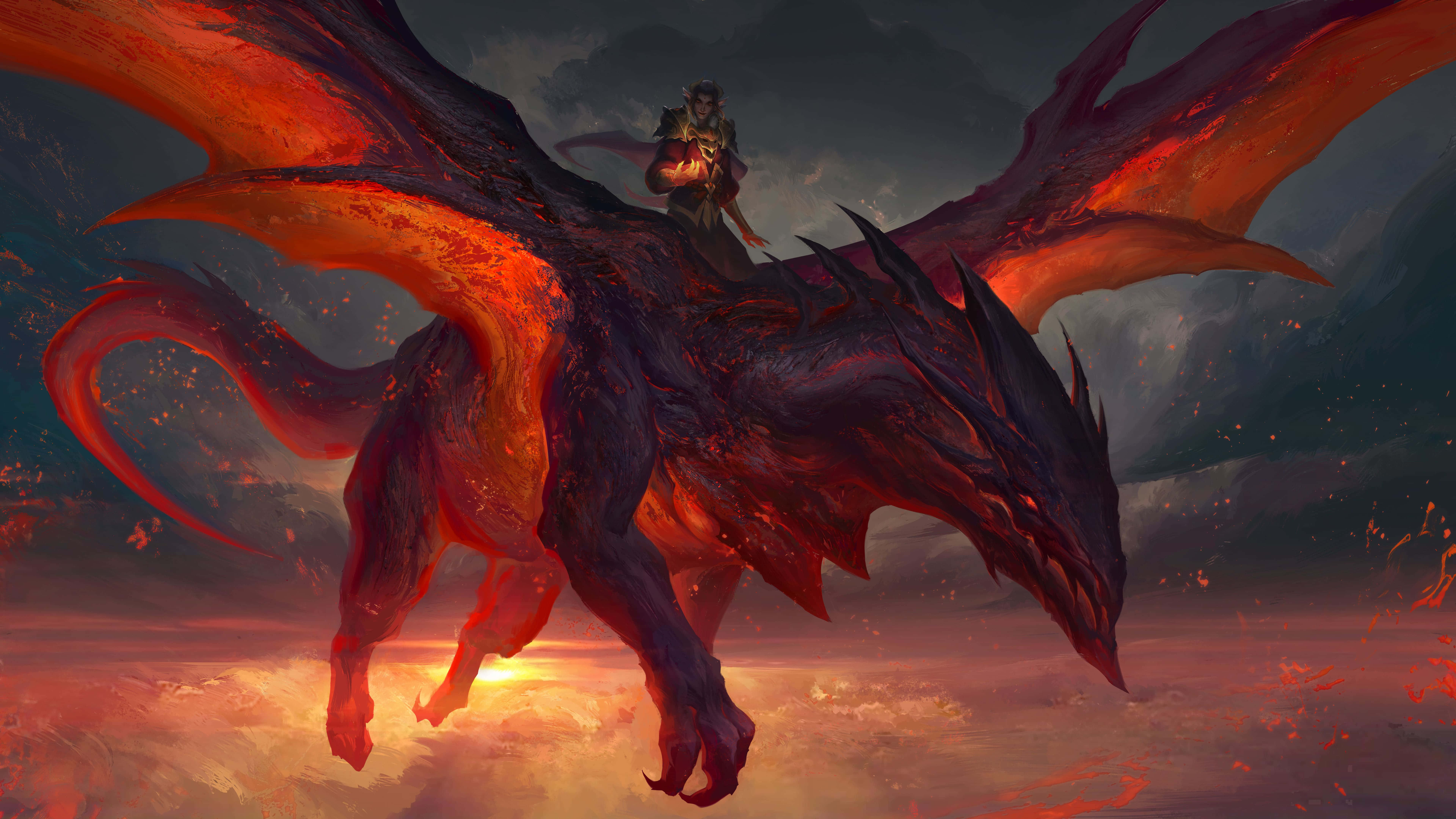 Mythical Dragon 桌布 壁紙 — 一名戰士騎著巨大的火龍，在日落時分飛越火山景觀。