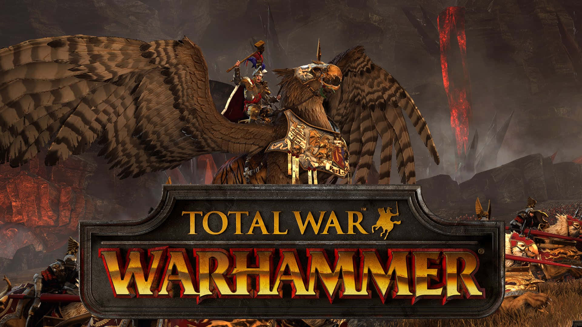 Best Total War Warhammer 桌布 壁紙 — 一名戰士騎著巨大的鷹在戰場上空，下方有熔岩流和奇幻士兵。