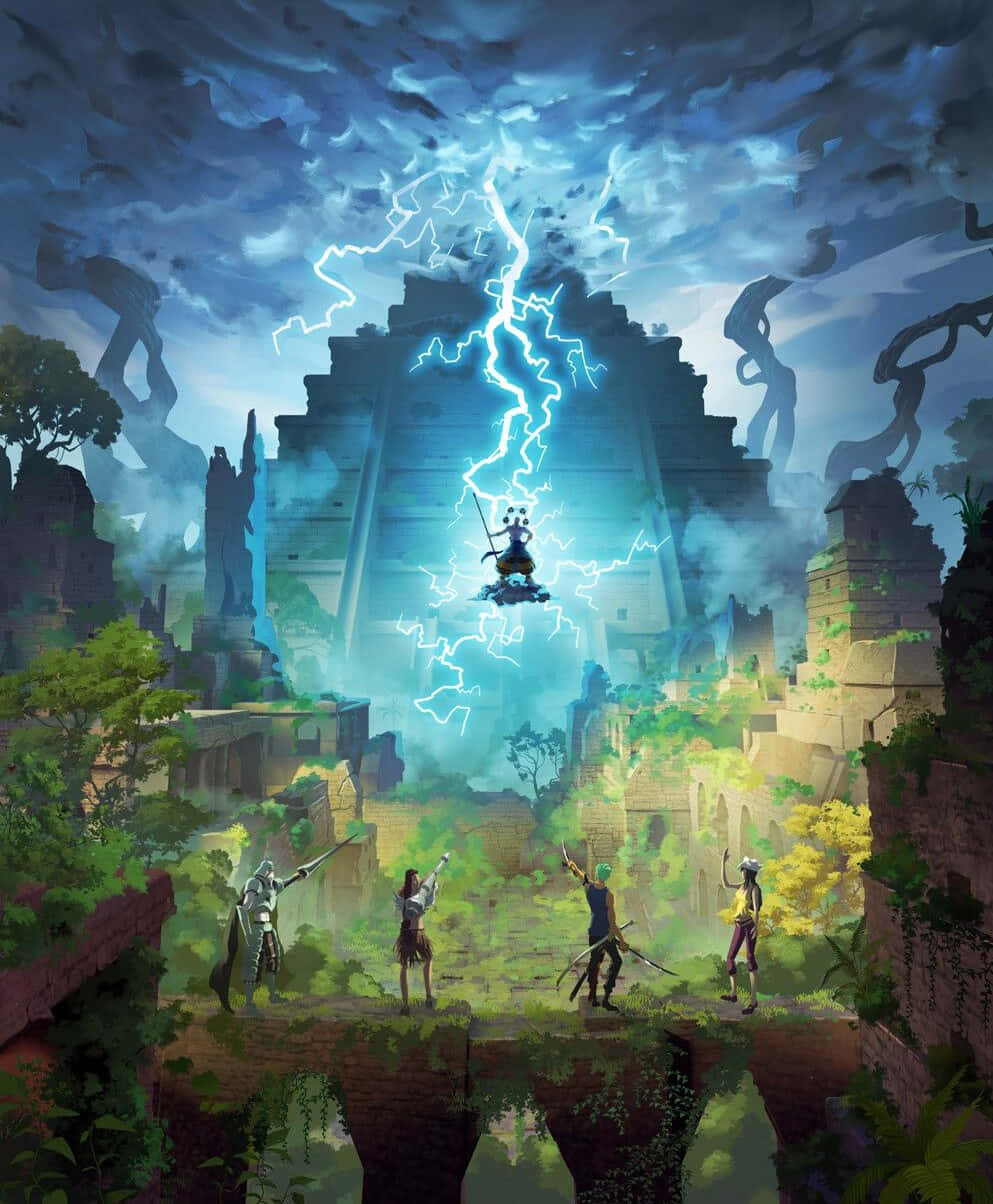 One Piece Enel 桌布 壁紙 — 一名戰士騎著發光生物，在閃電中飛越古代遺跡，四位冒險者從石橋上觀看。