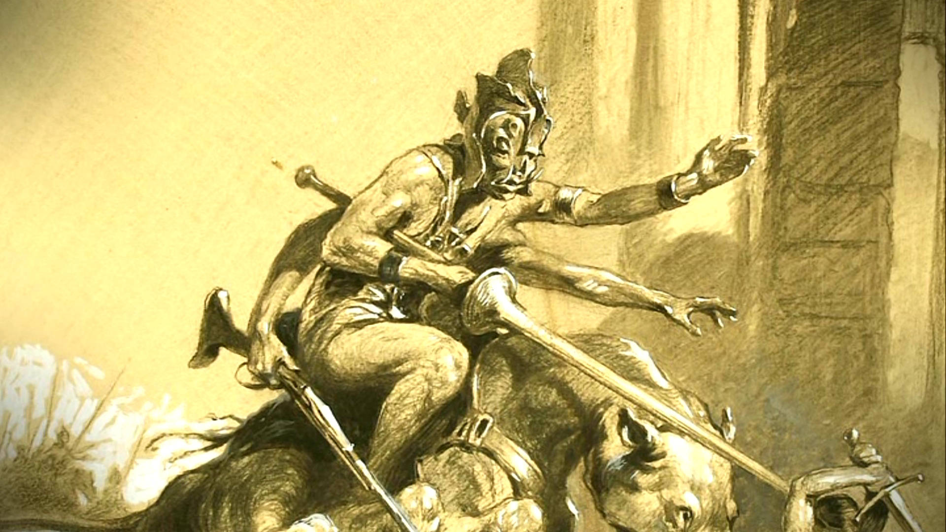 john carter 桌布 壁紙 — 一名戰士騎著衝鋒的公牛，在戲劇性的素描風格戰鬥場景中揮舞長矛。