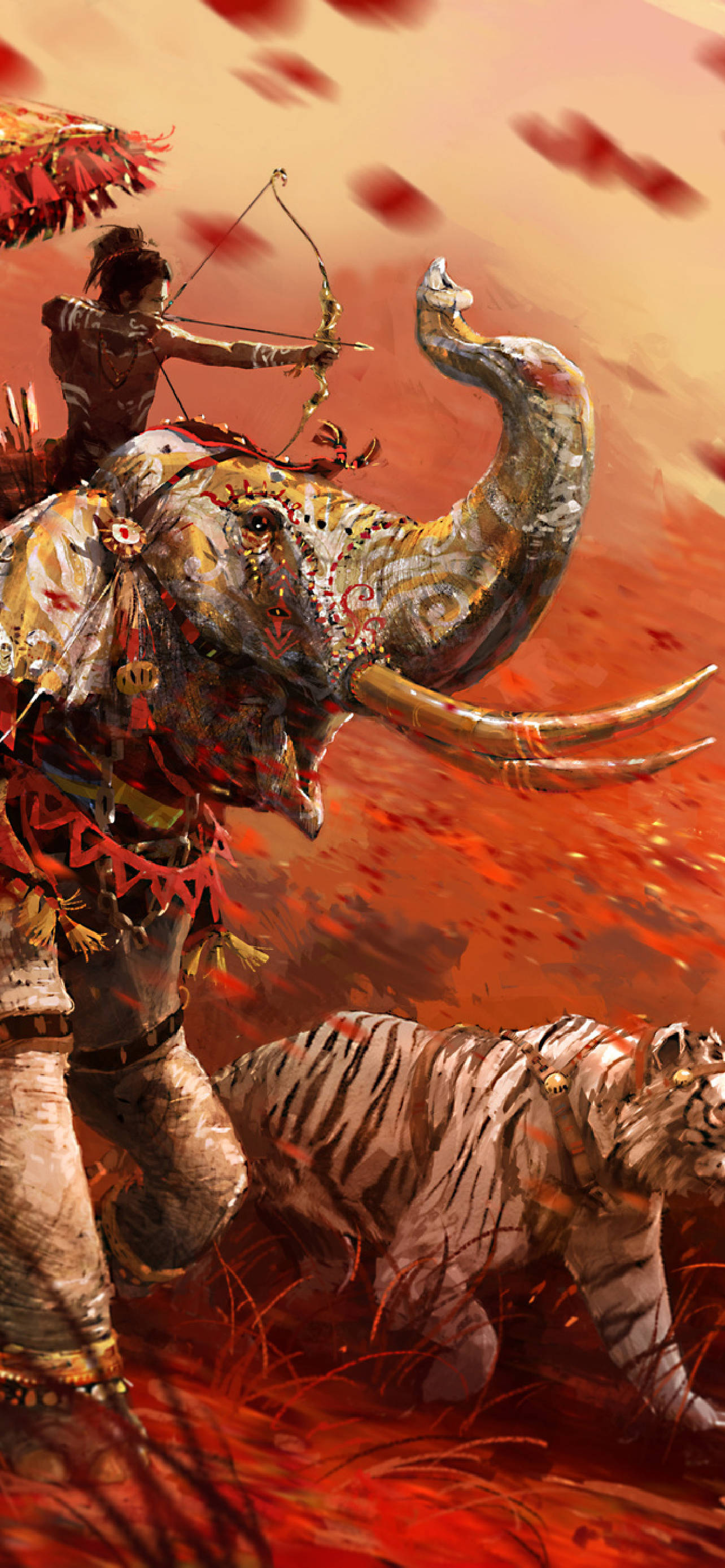 far cry iPhone 桌布 壁紙 — 一名戰士騎著裝飾華麗的大象，手持弓箭，而一隻老虎在下方熾熱的紅色景觀中潛行。