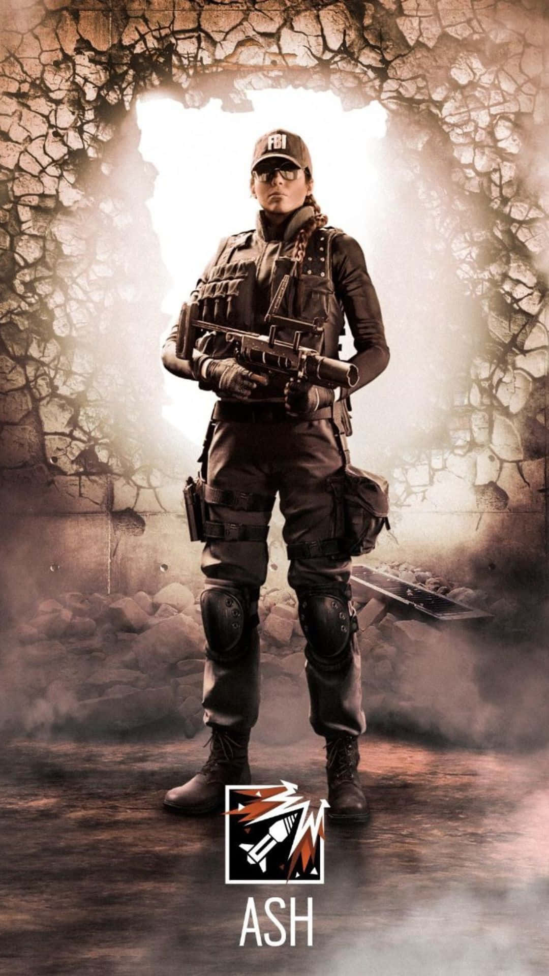 Rainbow Six Siege Operators 桌布 壁紙 — 一名戰術士兵站在破碎的混凝土拱門中，手持步槍，周圍煙霧和碎片旋轉。