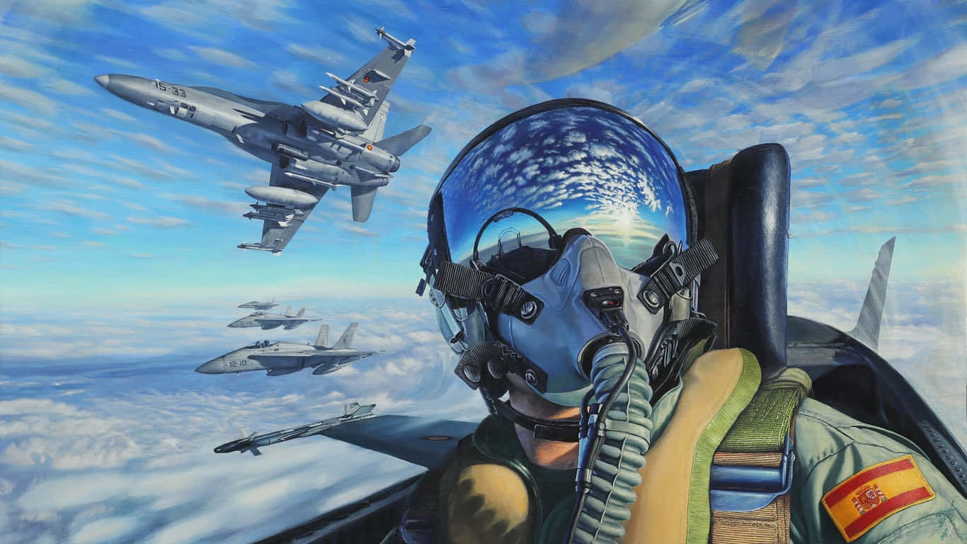 selfie 桌布 壁紙 — 一名戰鬥機飛行員在駕駛艙內向前凝視，他的中隊在明亮的藍天下以編隊飛行在蓬鬆的白雲之上。