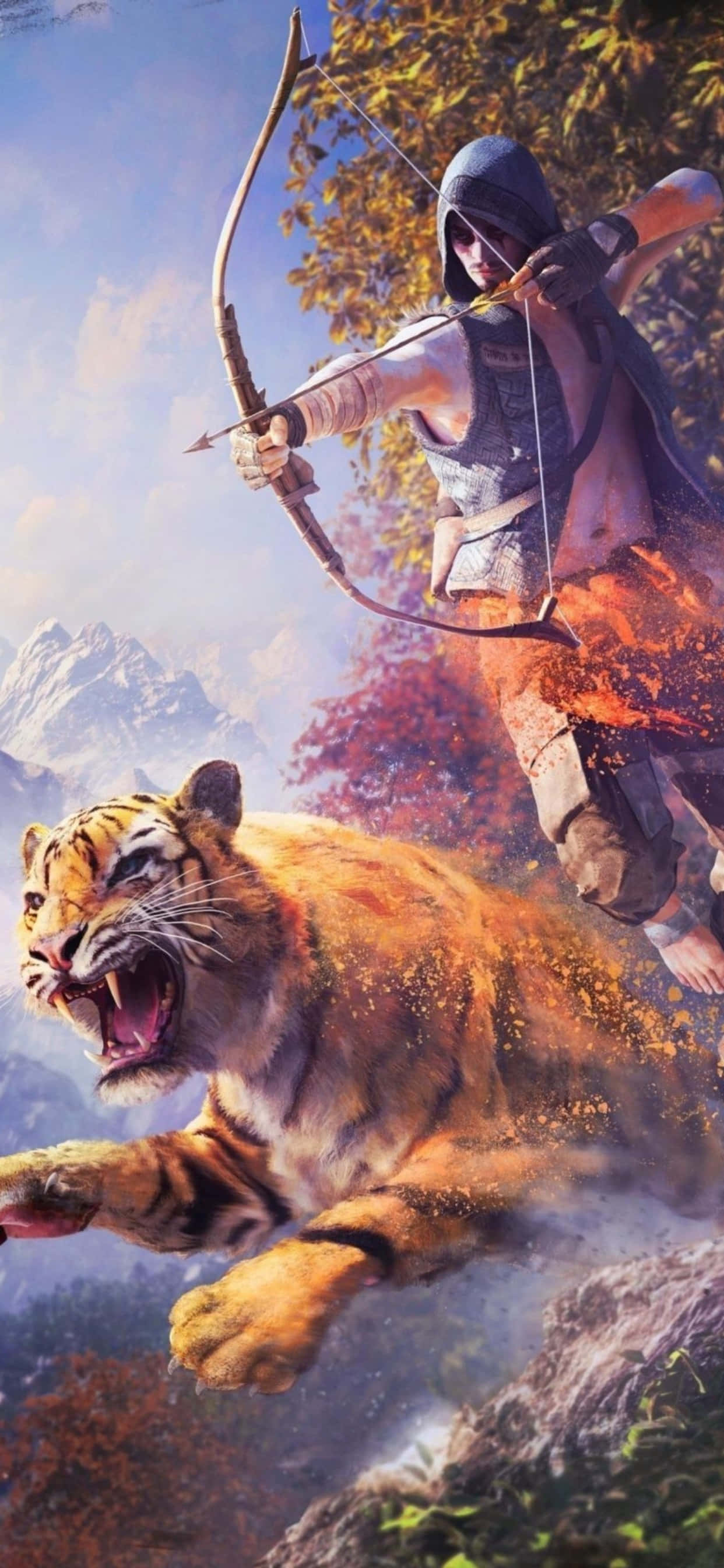 iPhone Xs Max Far Cry 4 桌布 壁紙 — 一名戴兜帽的弓箭手拉弓，而一頭咆哮的老虎在秋季的山林間向他們撲來。