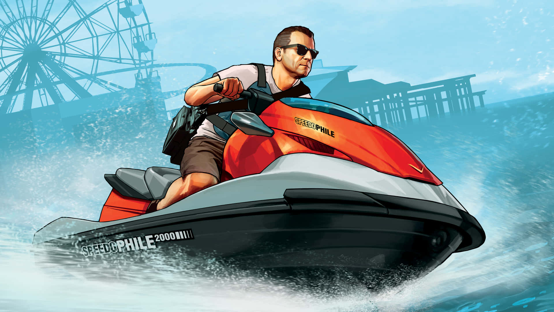 GTA 5 動圖 桌布 壁紙 — 一名戴太陽眼鏡的男子在碧綠色的水上駕駛紅色水上摩托車，背景有摩天輪和碼頭。
