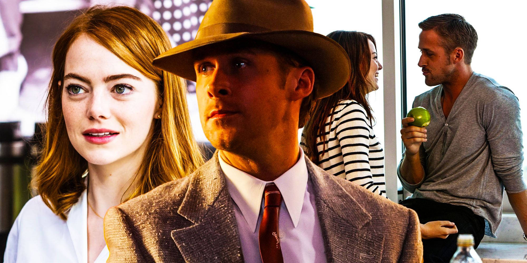 Ryan Gosling 桌布 壁紙 — 一名戴棕色紳士帽、穿西裝的男子站在一位紅髮女子旁邊，背景中另一名男子正在吃青蘋果。