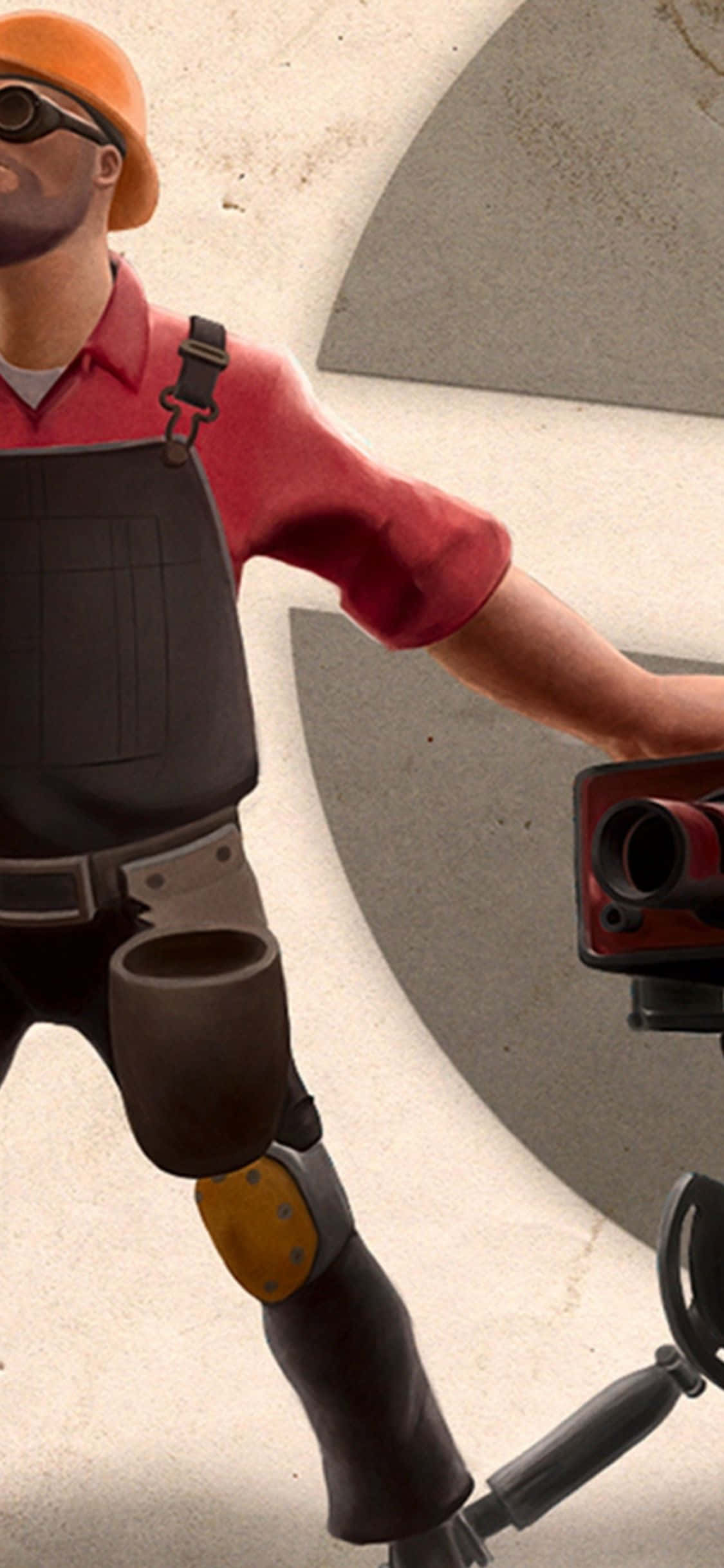 iPhone Xs Team Fortress 2 桌布 壁紙 — 一名戴橙色頭盔、穿紅色襯衫的建築工人，手持電鑽對著彎曲的混凝土牆。