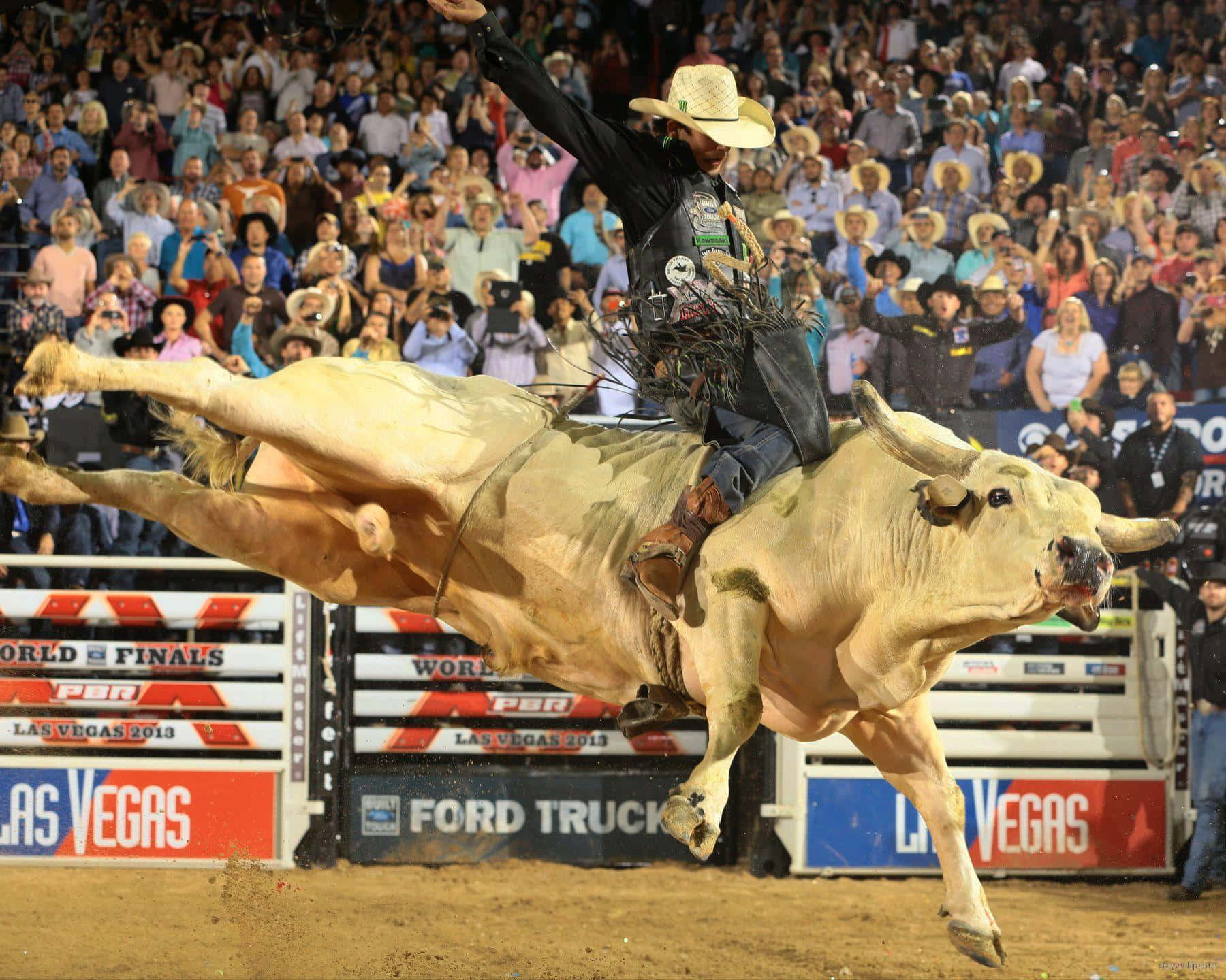 Bull Rider 桌布 壁紙 — 一名戴牛仔帽的牛仔在明亮的競技場燈光下，於牛仔競技表演中騎著一頭狂跳的公牛，背景是歡呼的人群。