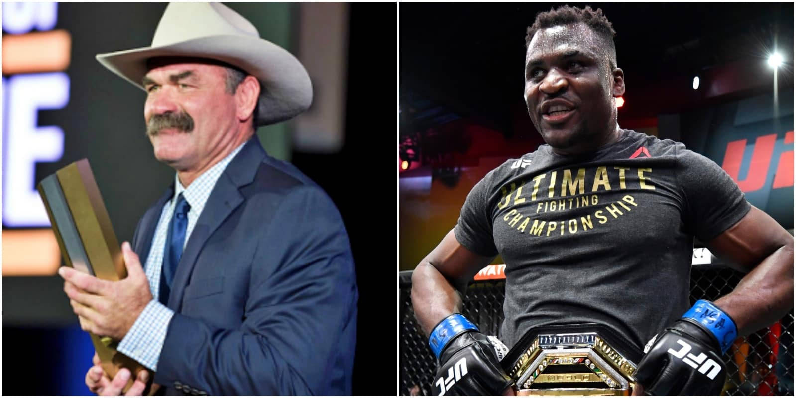 UFC 桌布 壁紙 — 一名戴牛仔帽的男子在八角籠內，手持獎盃站在一位肌肉發達的UFC拳手旁邊。