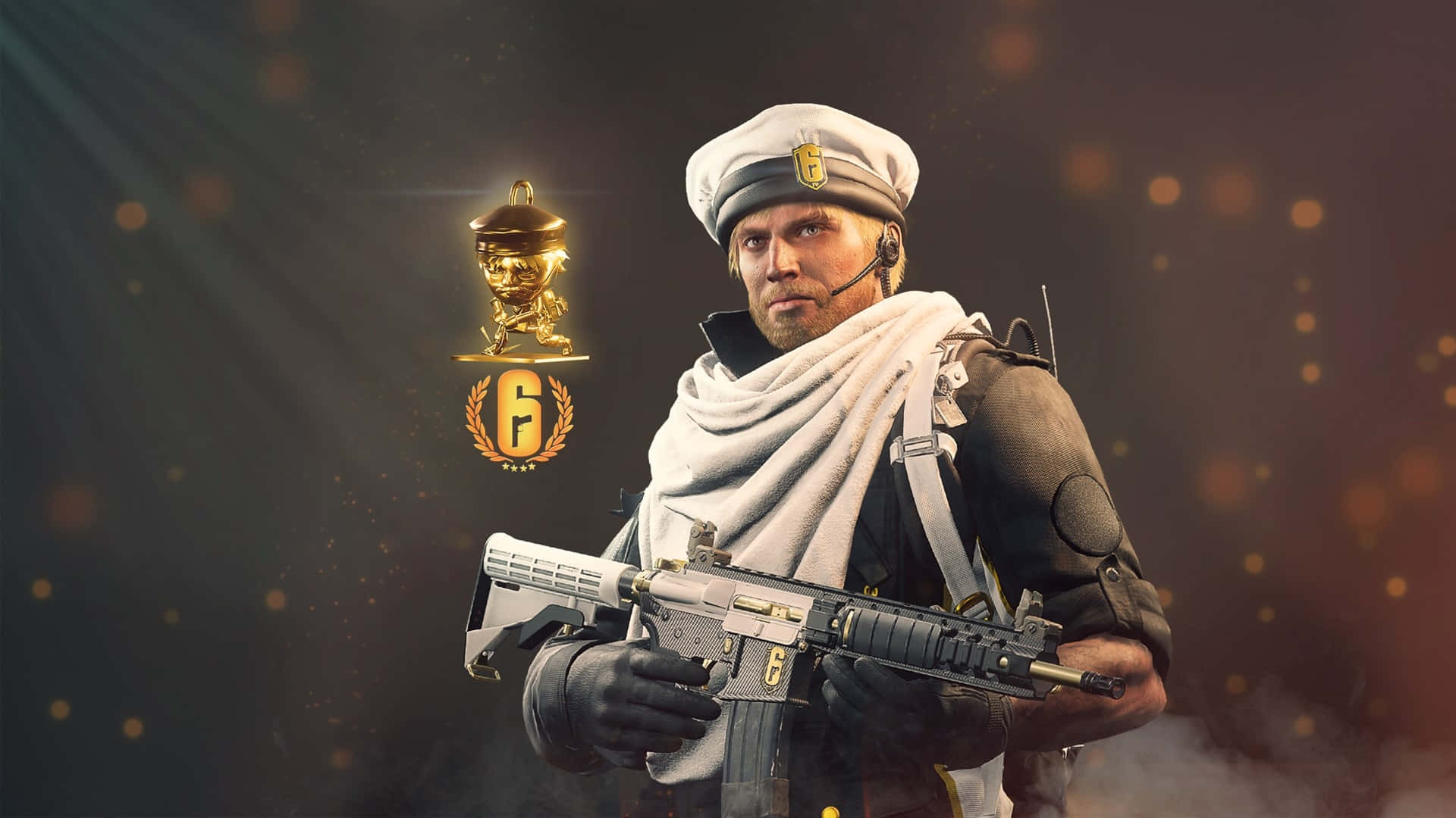 Rainbow Six Siege Maverick 桌布 壁紙 — 一名戴白色帽子和圍巾的士兵手持步槍，旁邊漂浮著一個金色獎盃，背景是深色散景。