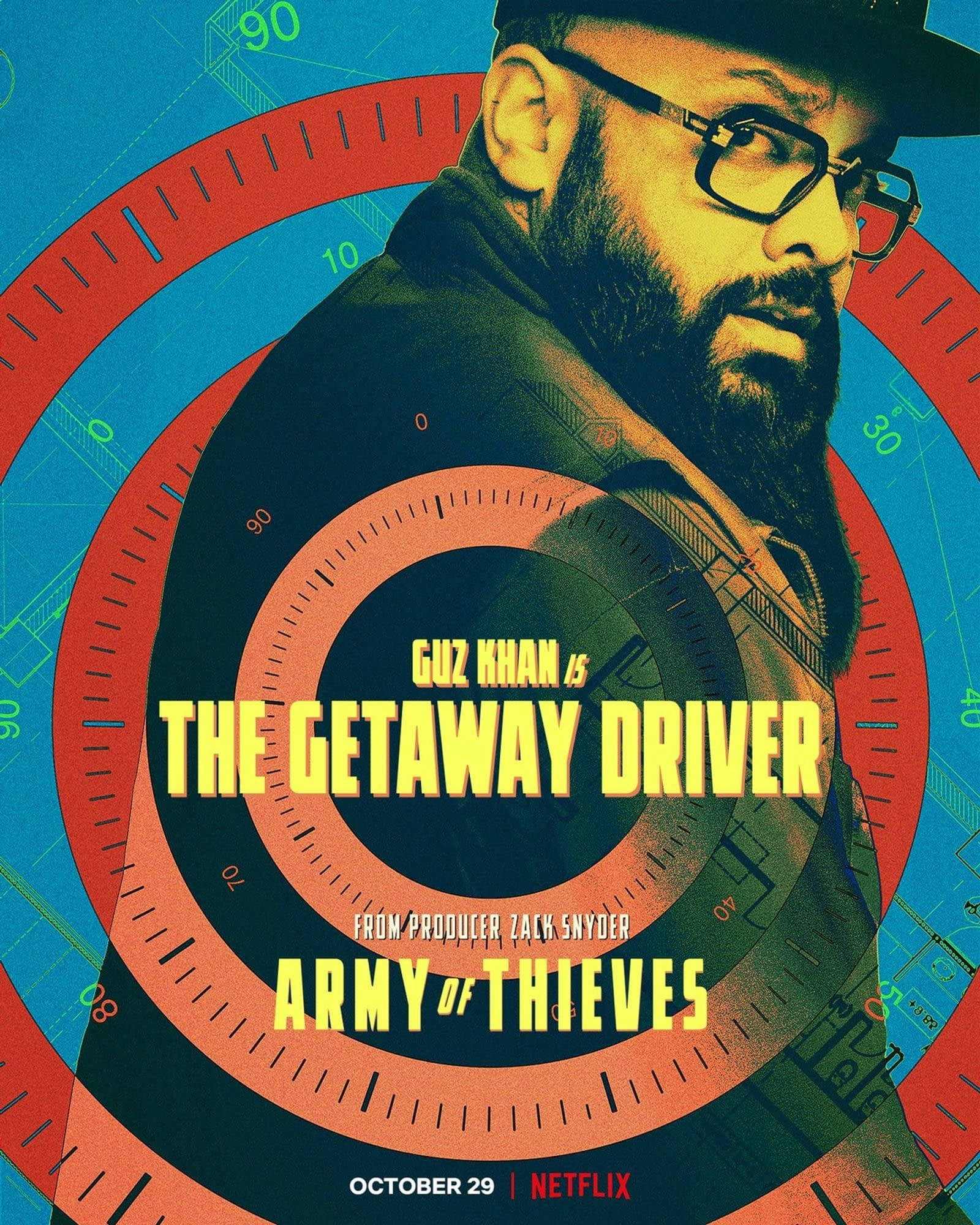Army Of Thieves 桌布 壁紙 — 一名戴眼鏡、留鬍鬚的男子，在風格化的速度計背景襯托下，搭配粗體黃色文字，凝視著鏡頭。