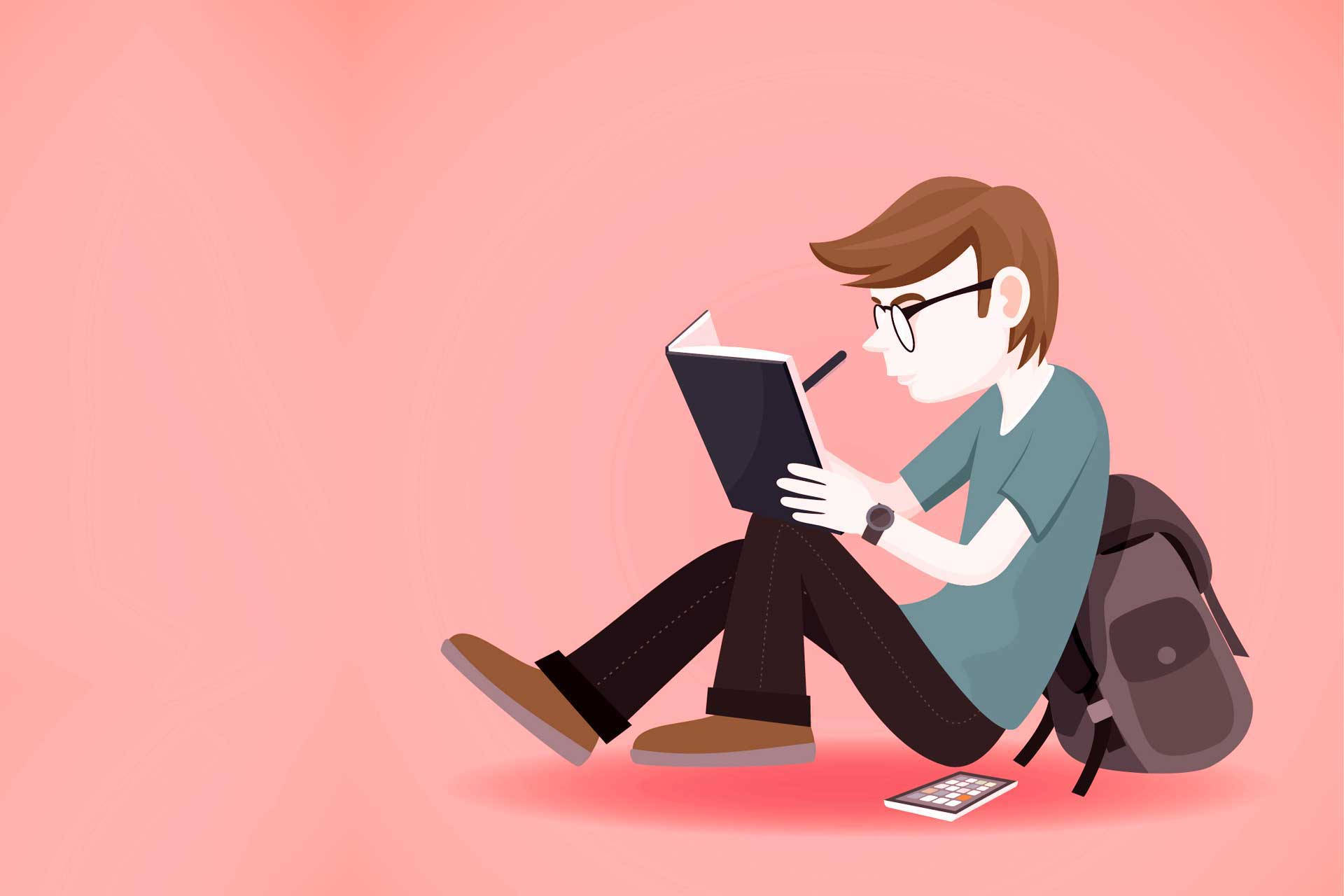 Study 桌布 壁紙 — 一名戴眼鏡的學生盤腿坐著看書，旁邊放著背包和手機，背景是柔和的粉紅色。