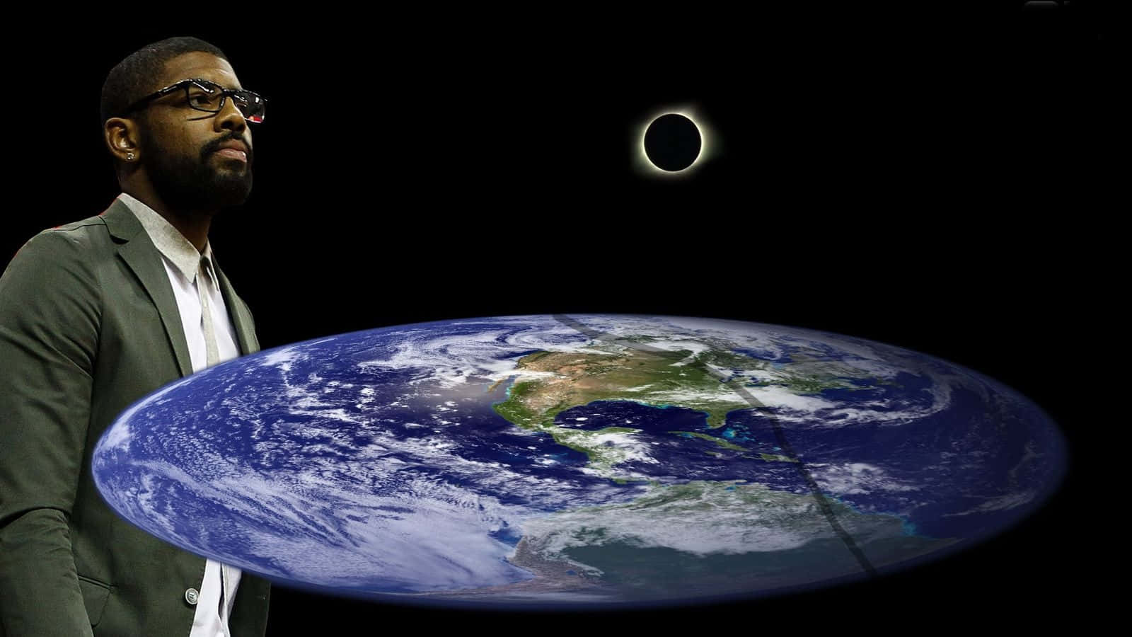 Flat Earth 桌布 壁紙 — 一名戴眼鏡的男子凝視著漂浮的地球，背後漆黑的天空中閃耀著日食。
