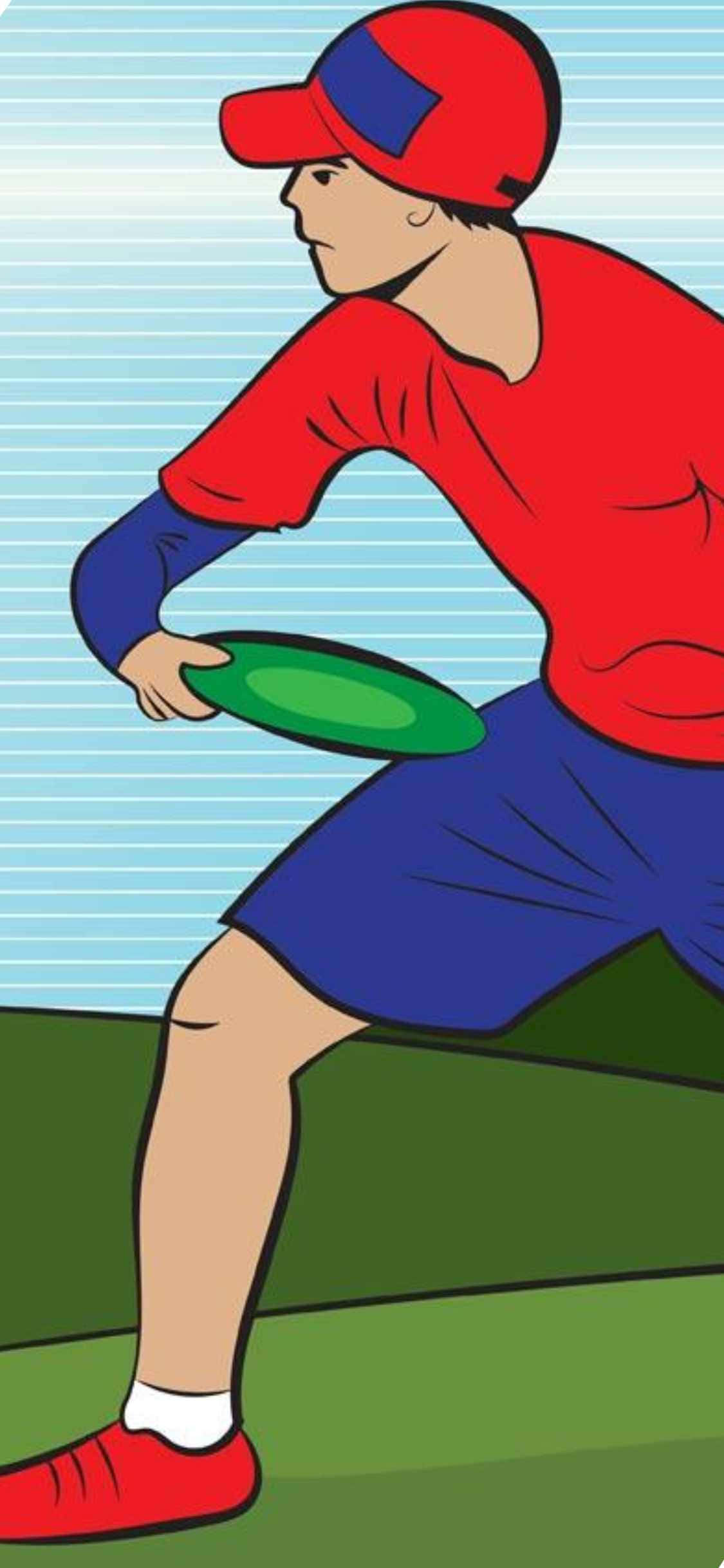 運動 桌布 壁紙 — 一名戴紅帽穿紅衫的年輕男子蹲下準備向條紋藍天投擲綠色飛盤。