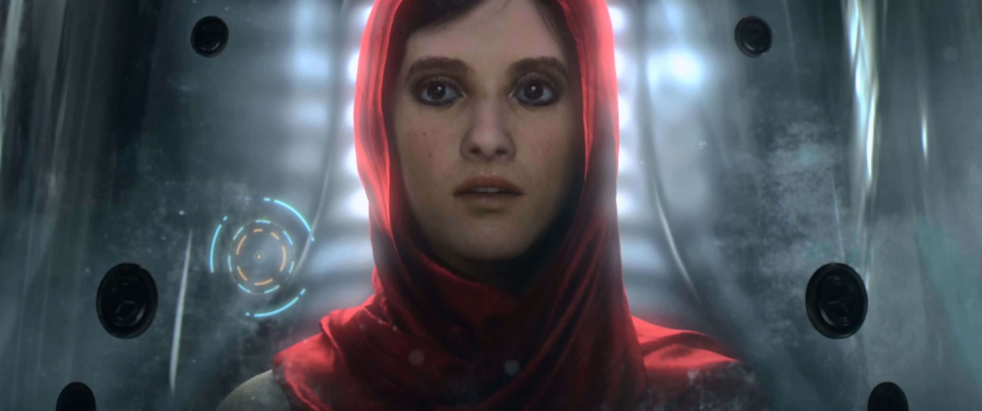 1440p Civilization Beyond Earth 桌布 壁紙 — 一名戴紅色兜帽的女子透過一個霧氣瀰漫的透明艙室向前凝視，艙內有發光的藍色圓形燈光。