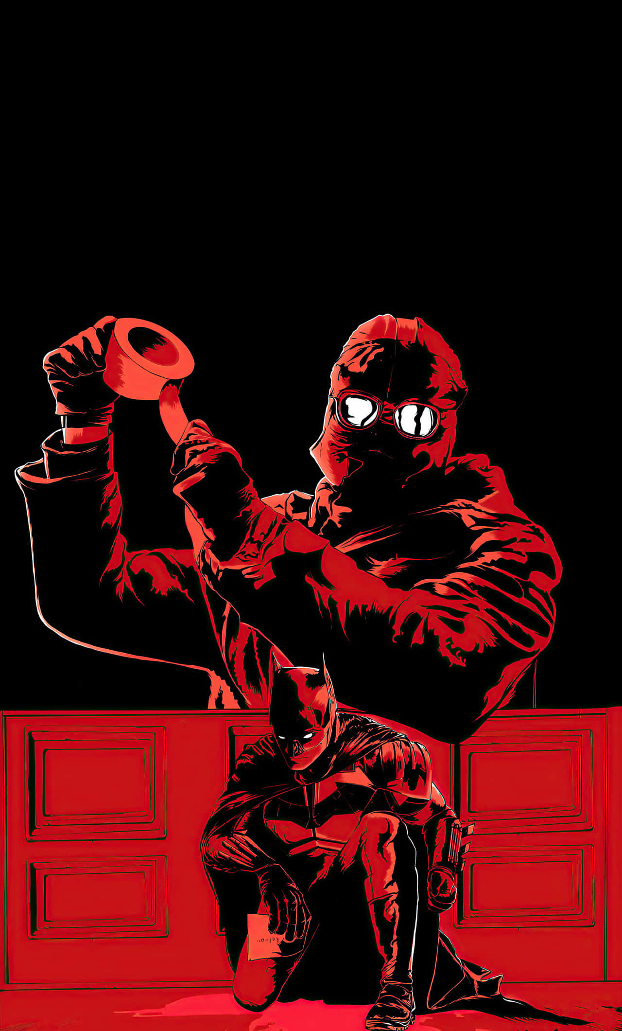 The Riddler 2022 桌布 壁紙 — 一名戴紅色面具的義警手持武器，另一人蹲伏在下方，背景為鮮明的紅色和黑色。