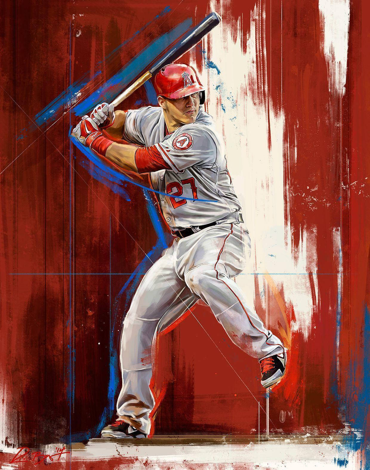 Mike Trout 桌布 壁紙 — 一名戴紅色頭盔、身穿灰色球衣的棒球選手，在鮮明的紅藍抽象背景前揮棒。