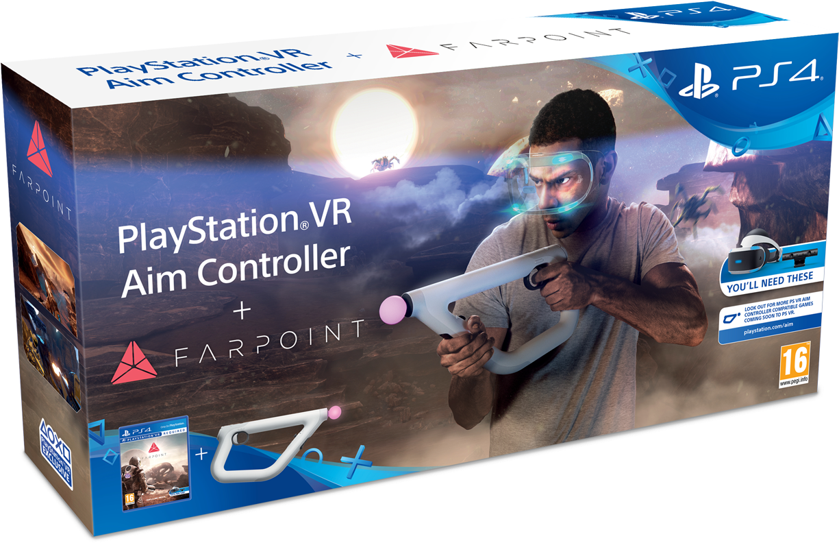 PlayStation 桌布 壁紙 — 一名戴著VR頭戴式裝置的男子，在科幻沙漠景觀中，用PlayStation VR Aim Controller瞄準一個發光的太陽。
