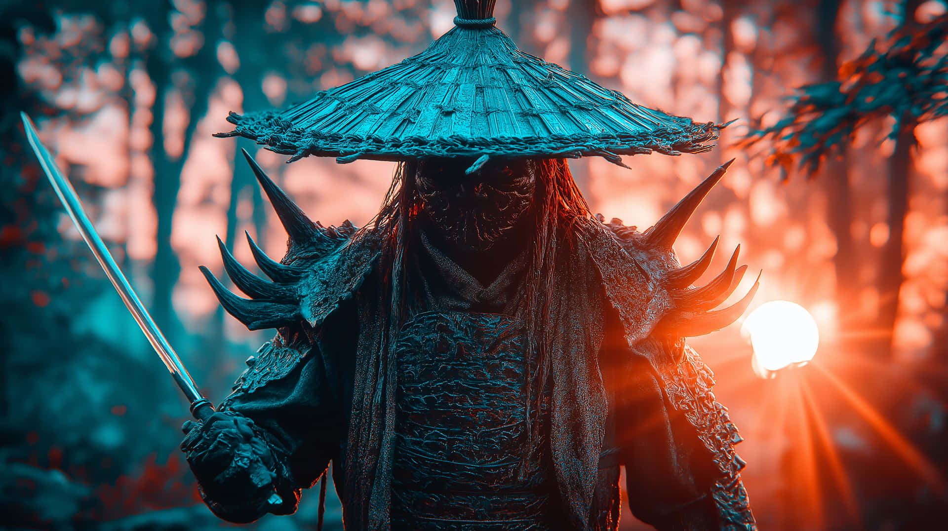 Intimidating Samurai Warrior with Hat and Sword at Sunset 壁紙 — 一名戴著兜帽、身穿尖刺盔甲和寬邊帽的戰士，在森林背景下手持劍，背景有發光的太陽。