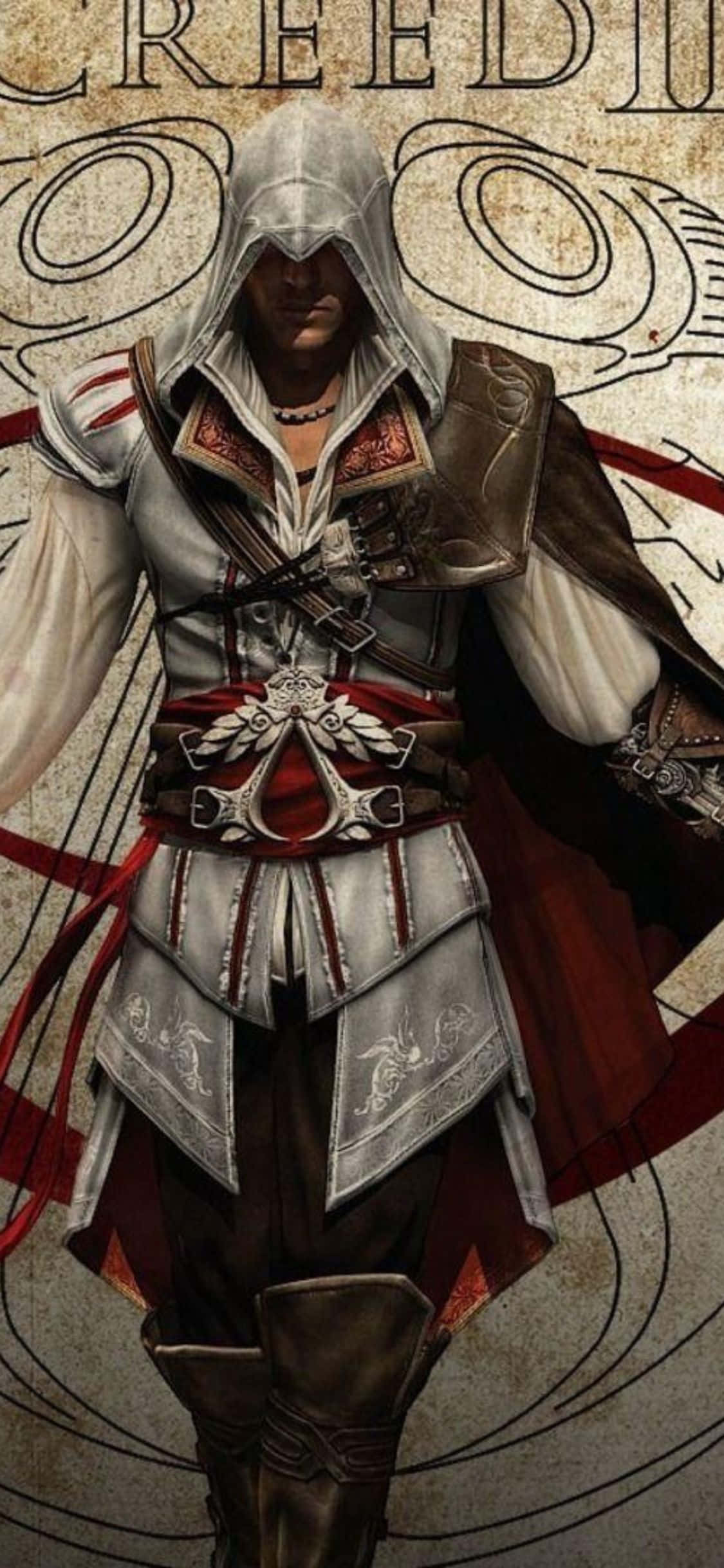 iPhone X Assassin's Creed Origins 桌布 壁紙 — 一名戴著兜帽的刺客，身穿精細的銀色和紅色盔甲，站在帶有旋轉符號的紋理羊皮紙背景前。