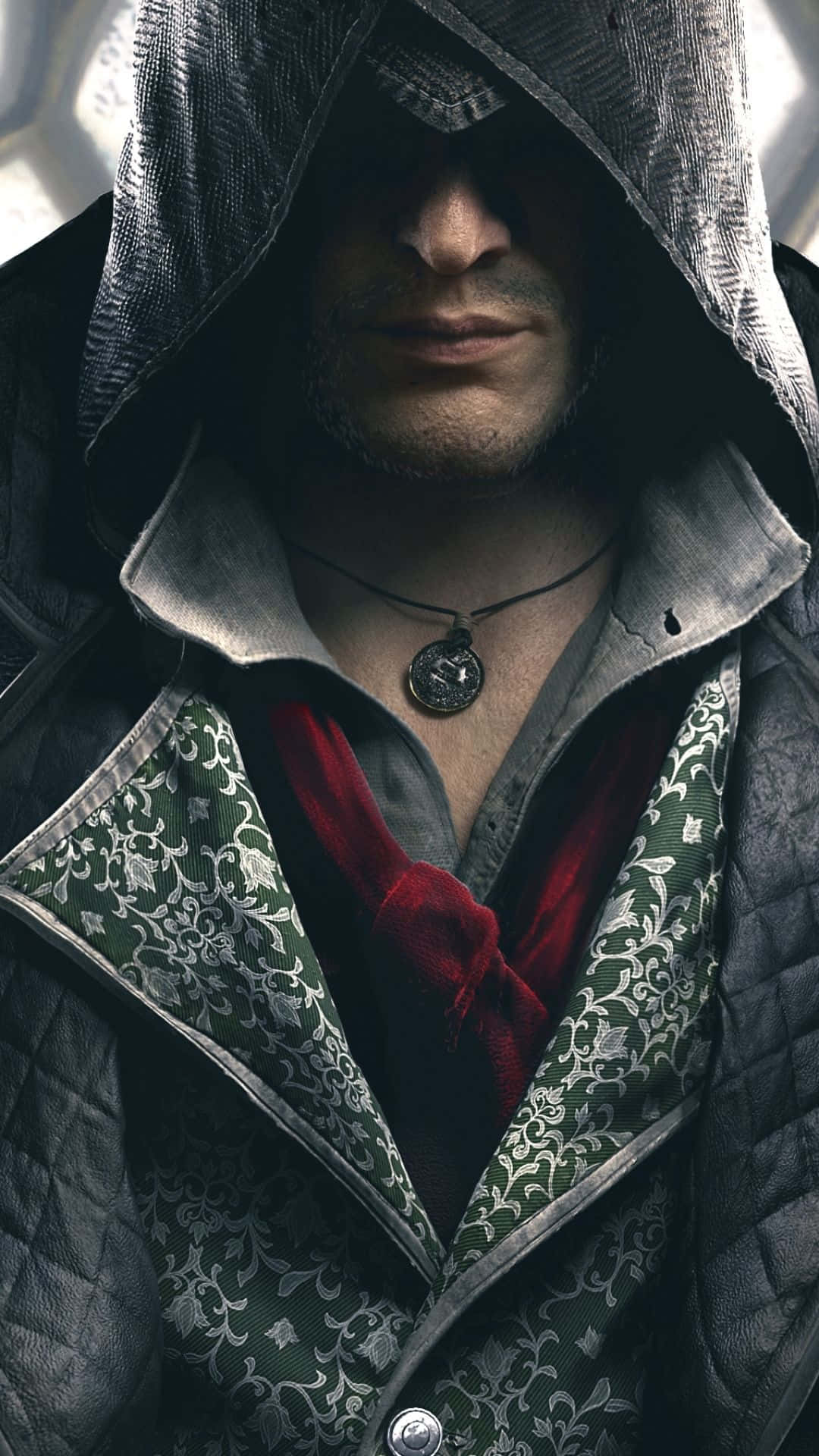 iPhone X Assassin's Creed Valhalla 桌布 壁紙 — 一名戴著兜帽的刺客，身穿細節豐富的外套，繫著紅色圍巾和獎章，在明亮的背景下凝視著。
