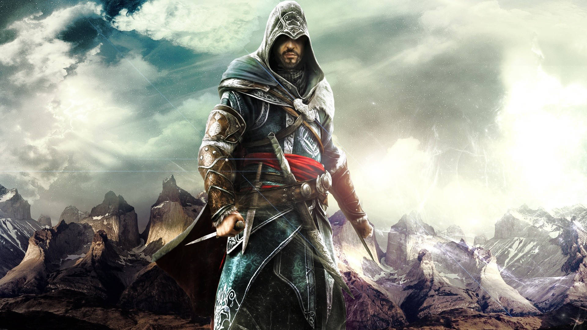 HD Gaming 桌布 壁紙 — 一名戴著兜帽的刺客在暴風雨天空下，以戲劇性的山脈背景為襯，手持隱藏刀刃蓄勢待發。