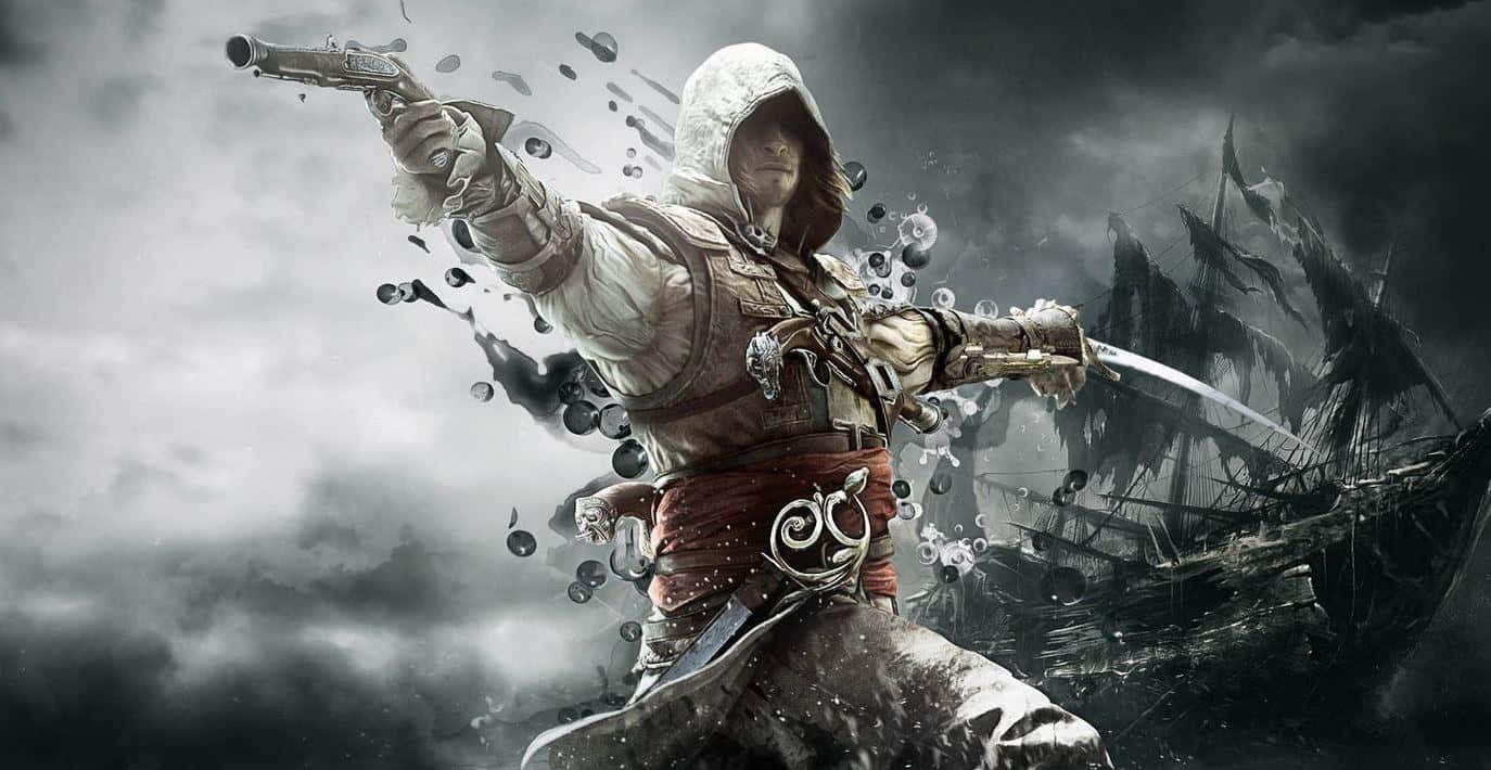 Action Games 桌布 壁紙 — 一名戴著兜帽的刺客在暴風雨的海景和船隻殘骸背景下，一邊揮劍一邊開槍。