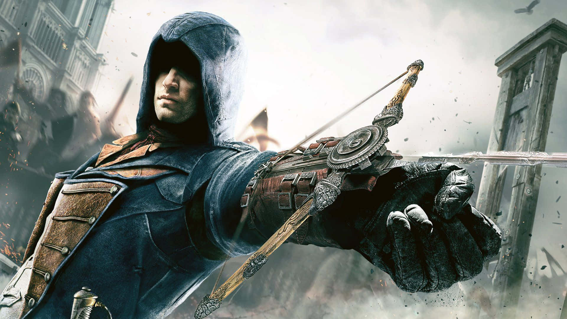 Arno Dorian 桌布 壁紙 — 一名戴著兜帽的刺客在混亂的城市戰鬥中瞄準一把精細的十字弓，碎片四處飛揚。
