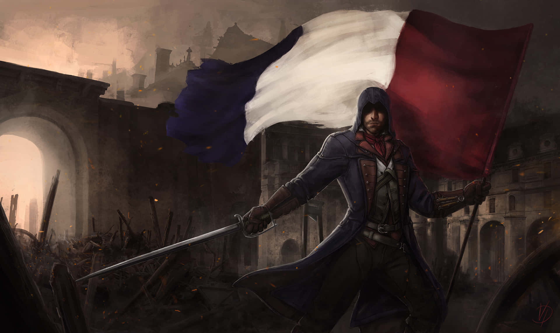 Arno Dorian 桌布 壁紙 — 一名戴著兜帽的刺客在煙霧瀰漫的天空下，於戰火摧殘的廢墟中揮舞劍和法國國旗。