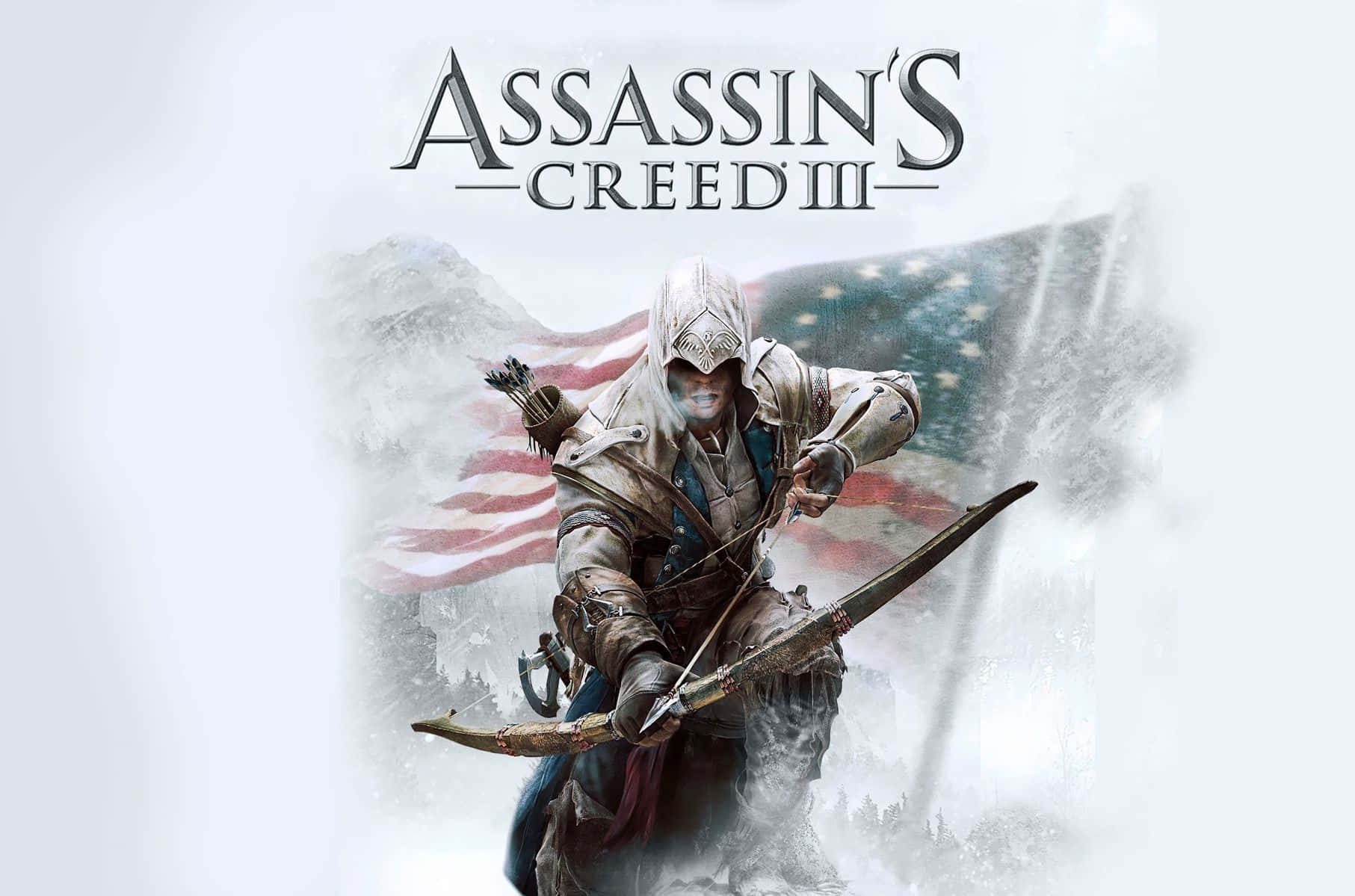 Connor Kenway 桌布 壁紙 — 一名戴著兜帽的刺客在雪景背景下拉弓，身後有一面褪色的美國國旗。