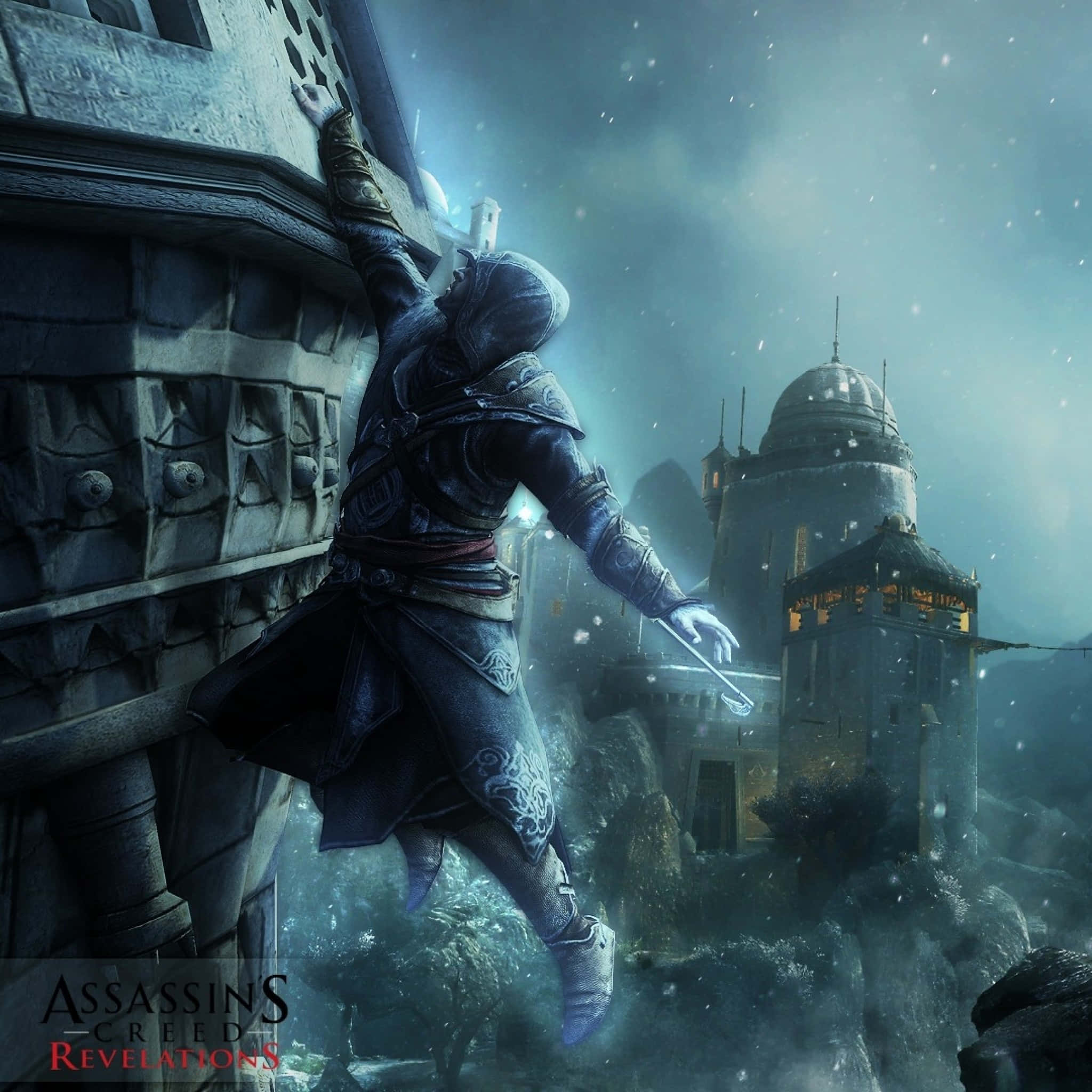 Desmond Miles 桌布 壁紙 — 一名戴著兜帽的刺客在霧氣瀰漫的黃昏天空下，攀爬一座雪中世紀城市的石頭建築。
