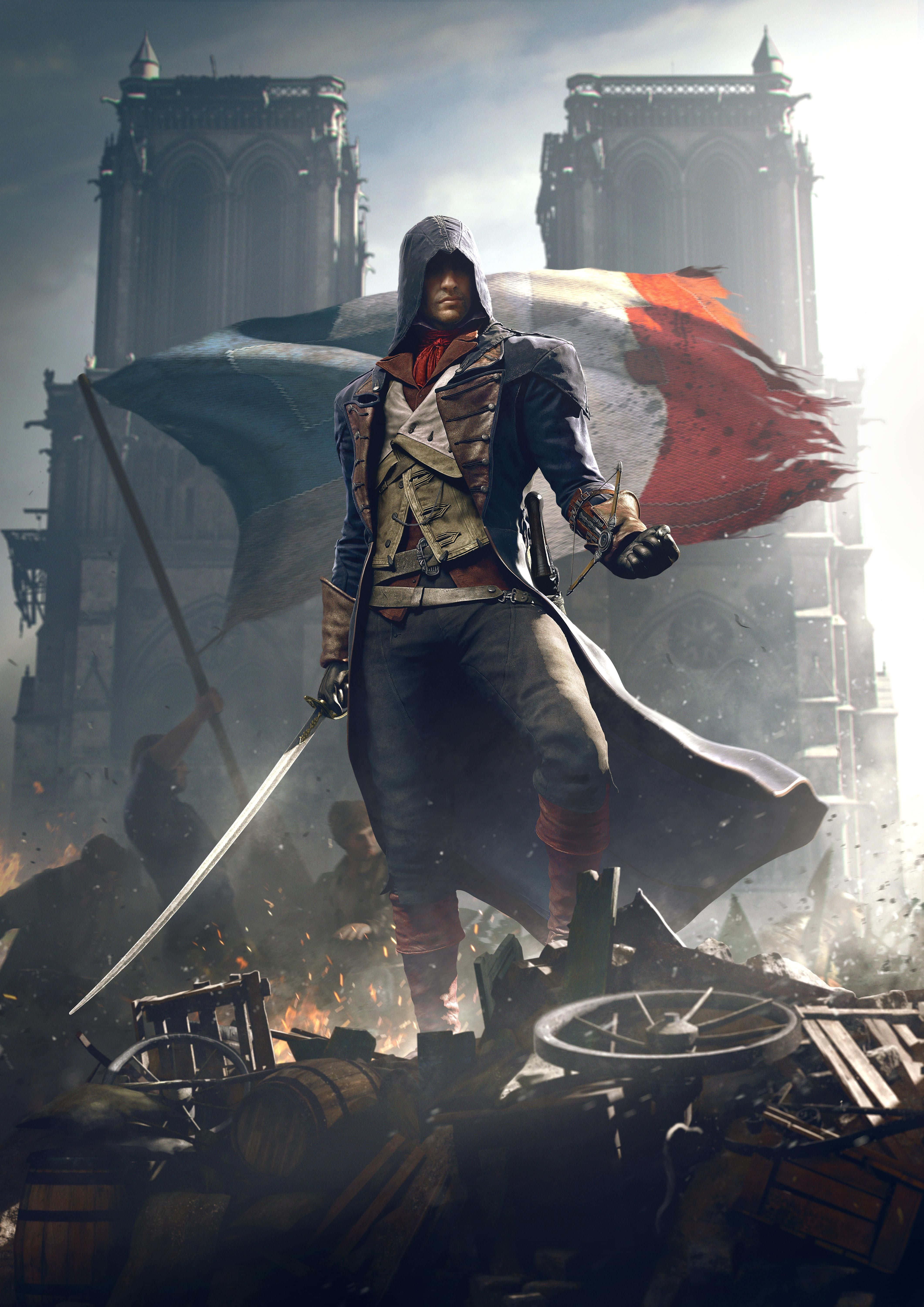 Arno Dorian 桌布 壁紙 — 一名戴著兜帽的刺客挑釁地站在瓦礫上，手持劍和法國國旗，背後是聖母院大教堂在戲劇性的光線中聳立。