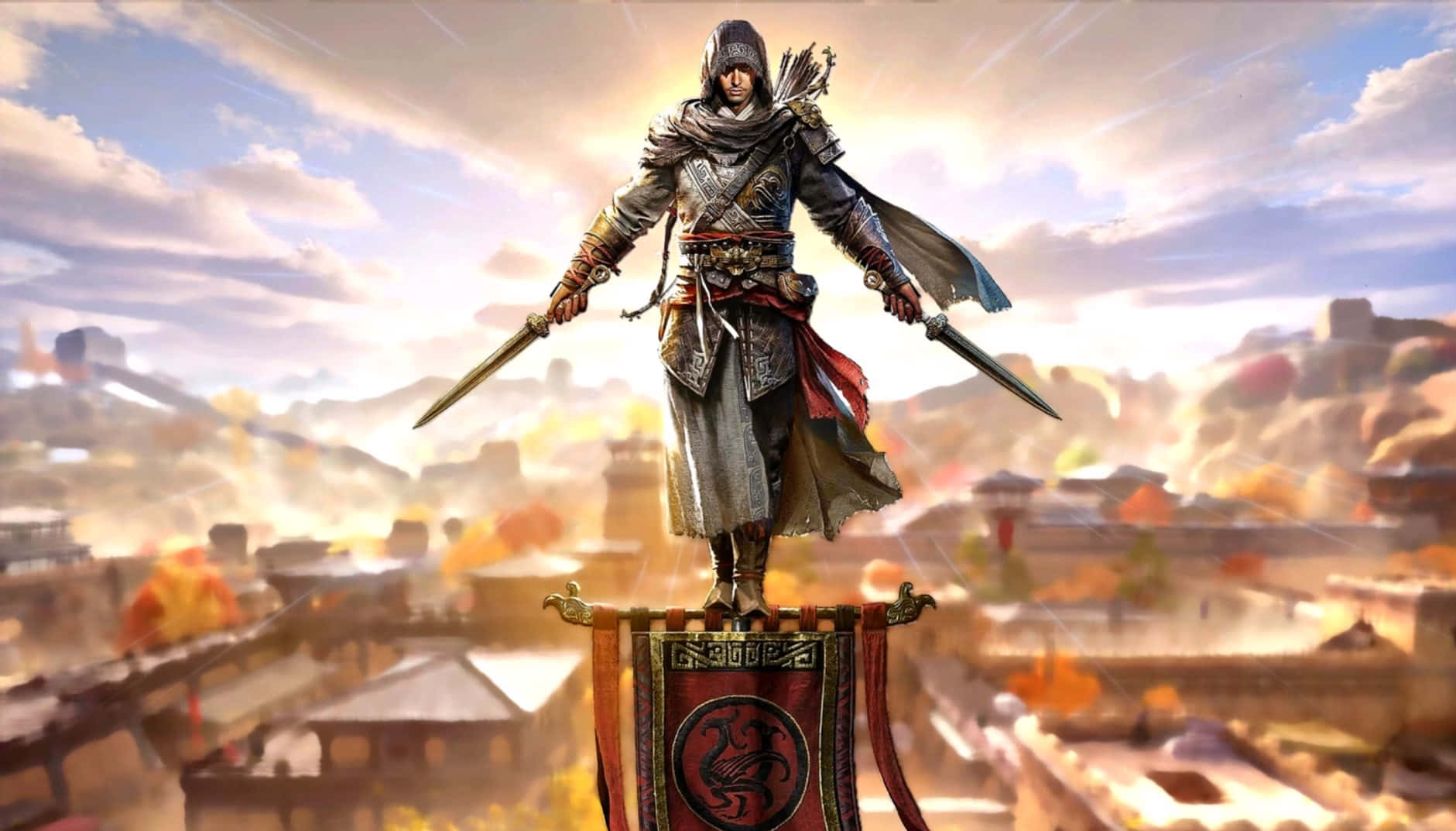 assassin's creed 桌布 壁紙 — 一名戴著兜帽的刺客站在橫幅上，手持兩把劍，背景是晴朗天空下廣闊的古城。