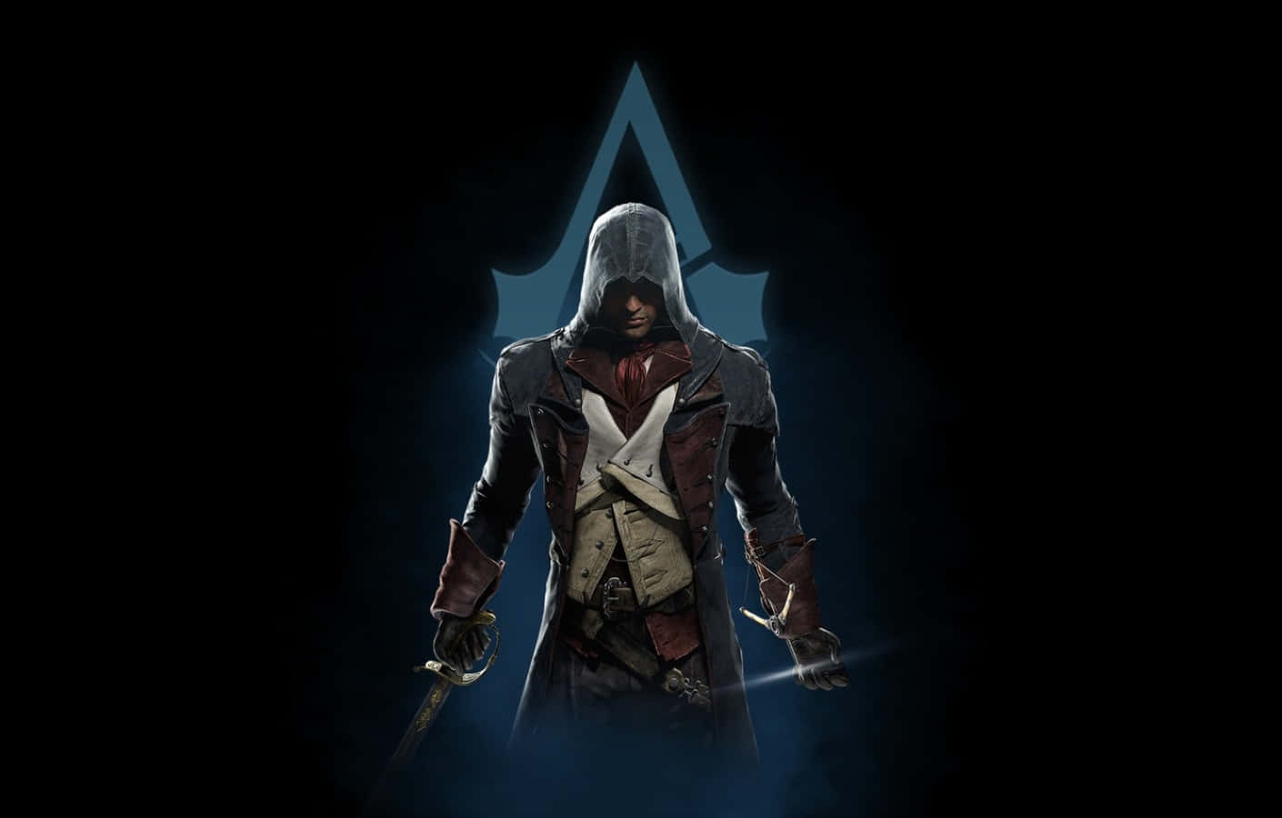 Arno Dorian 桌布 壁紙 — 一名戴著兜帽的刺客站在陰影中，手持劍，身後有一個發光的藍色徽章。