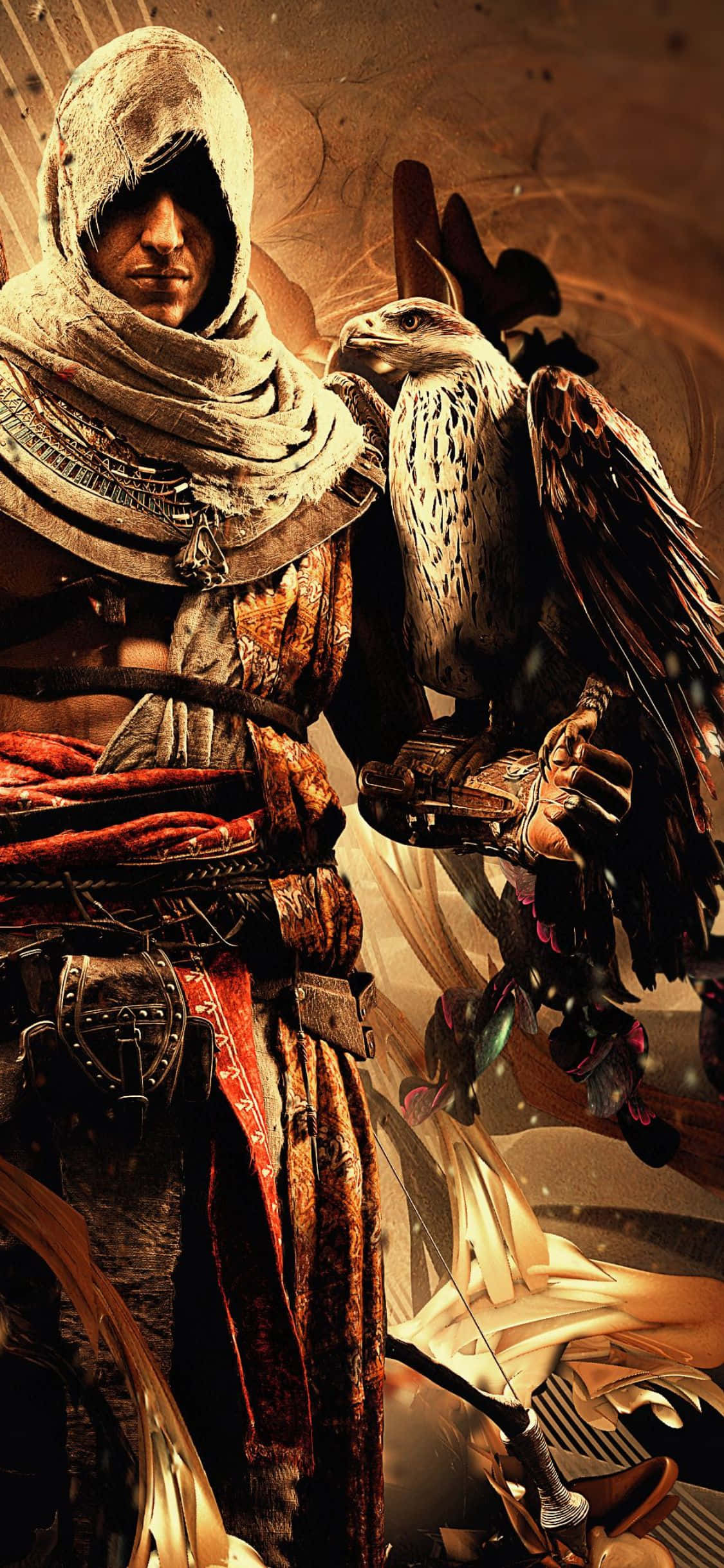 iPhone X Assassin's Creed Origins 桌布 壁紙 — 一名戴著兜帽的刺客站著，一隻受過訓練的鷹棲息在他的手臂上，背景是溫暖的金色。