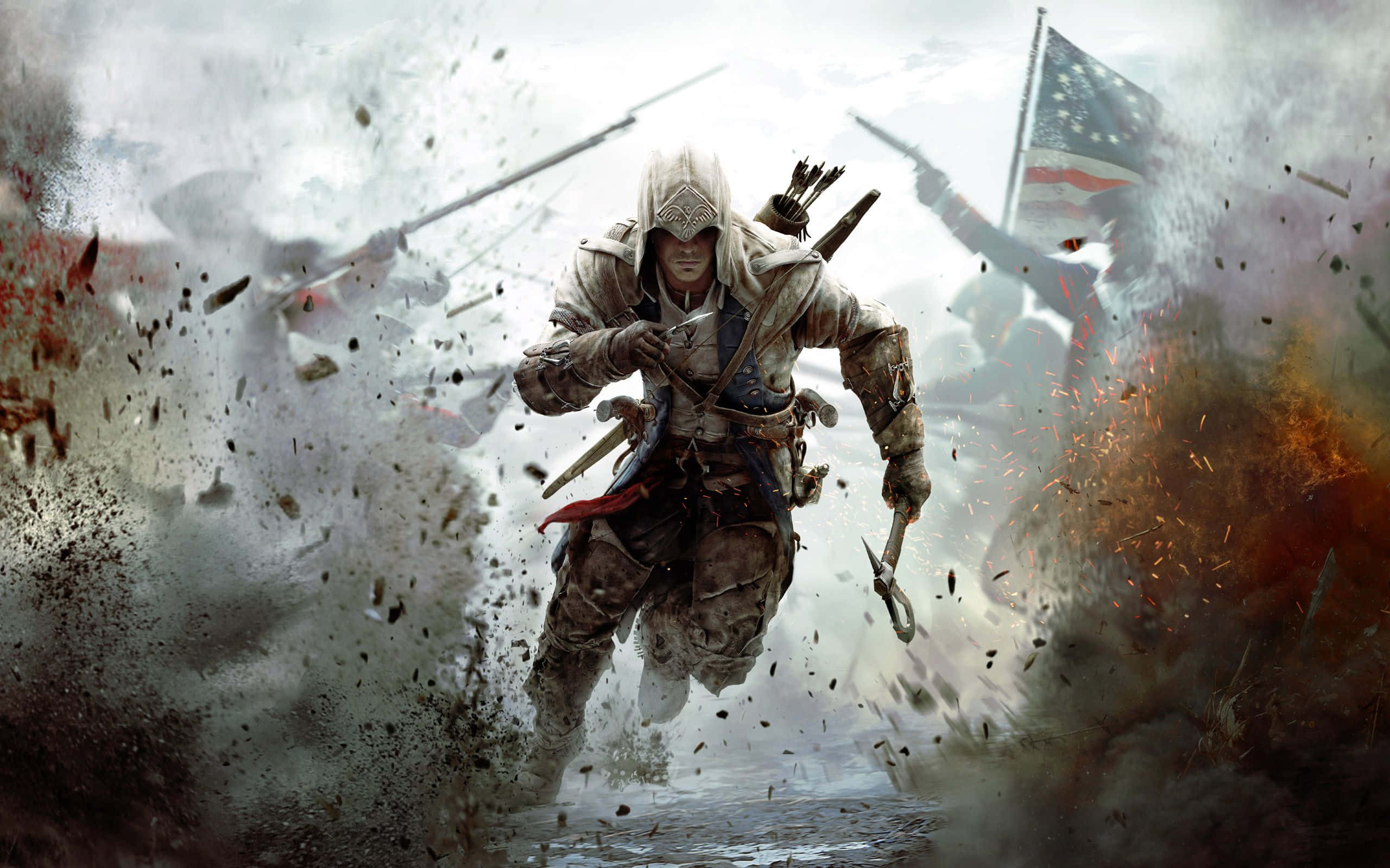 Action Games 桌布 壁紙 — 一名戴著兜帽的刺客衝過混亂的戰場，背景有飛揚的碎片和美國國旗。