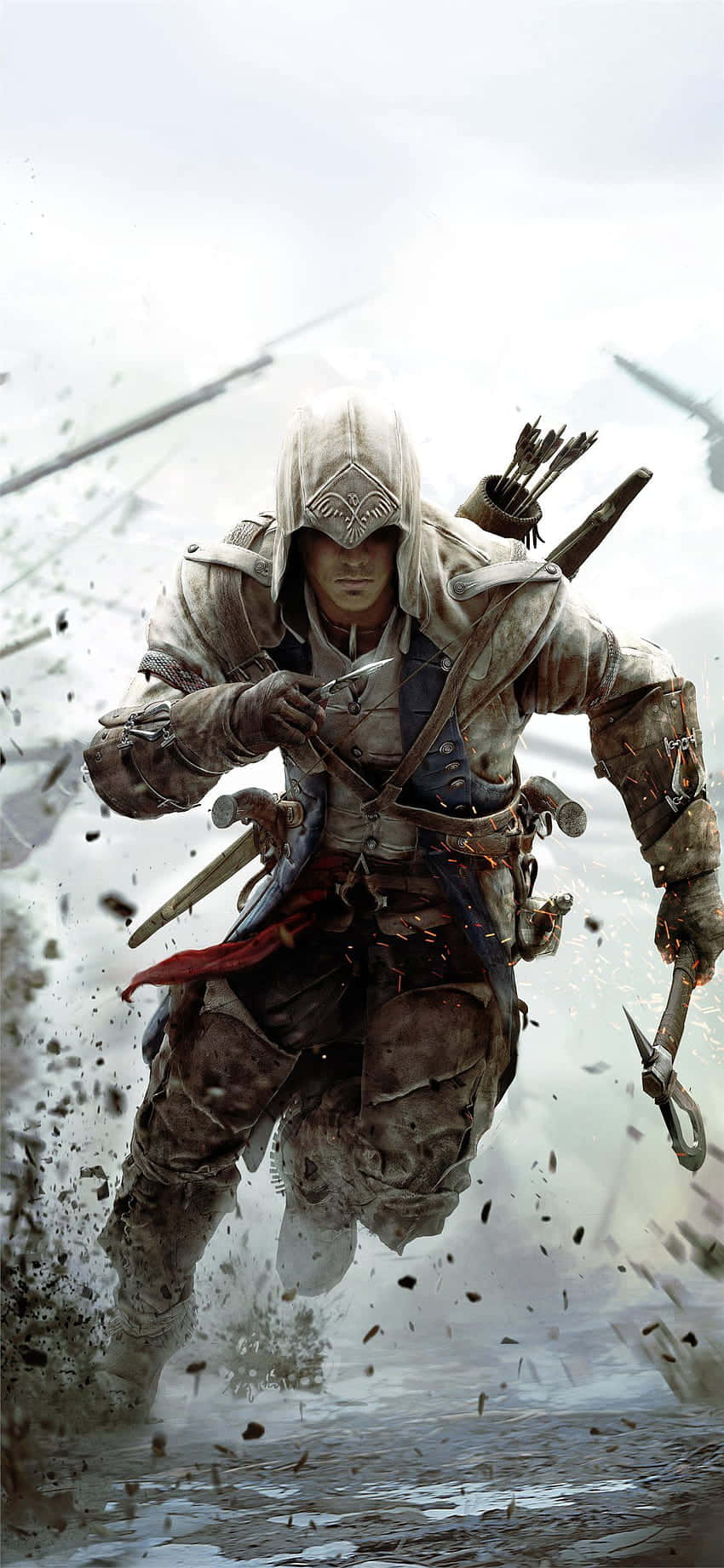 iPhone X Assassin's Creed Valhalla 桌布 壁紙 — 一名戴著兜帽的刺客身穿破爛白袍，手持武器和箭矢，飛奔過濺起水花的水面。