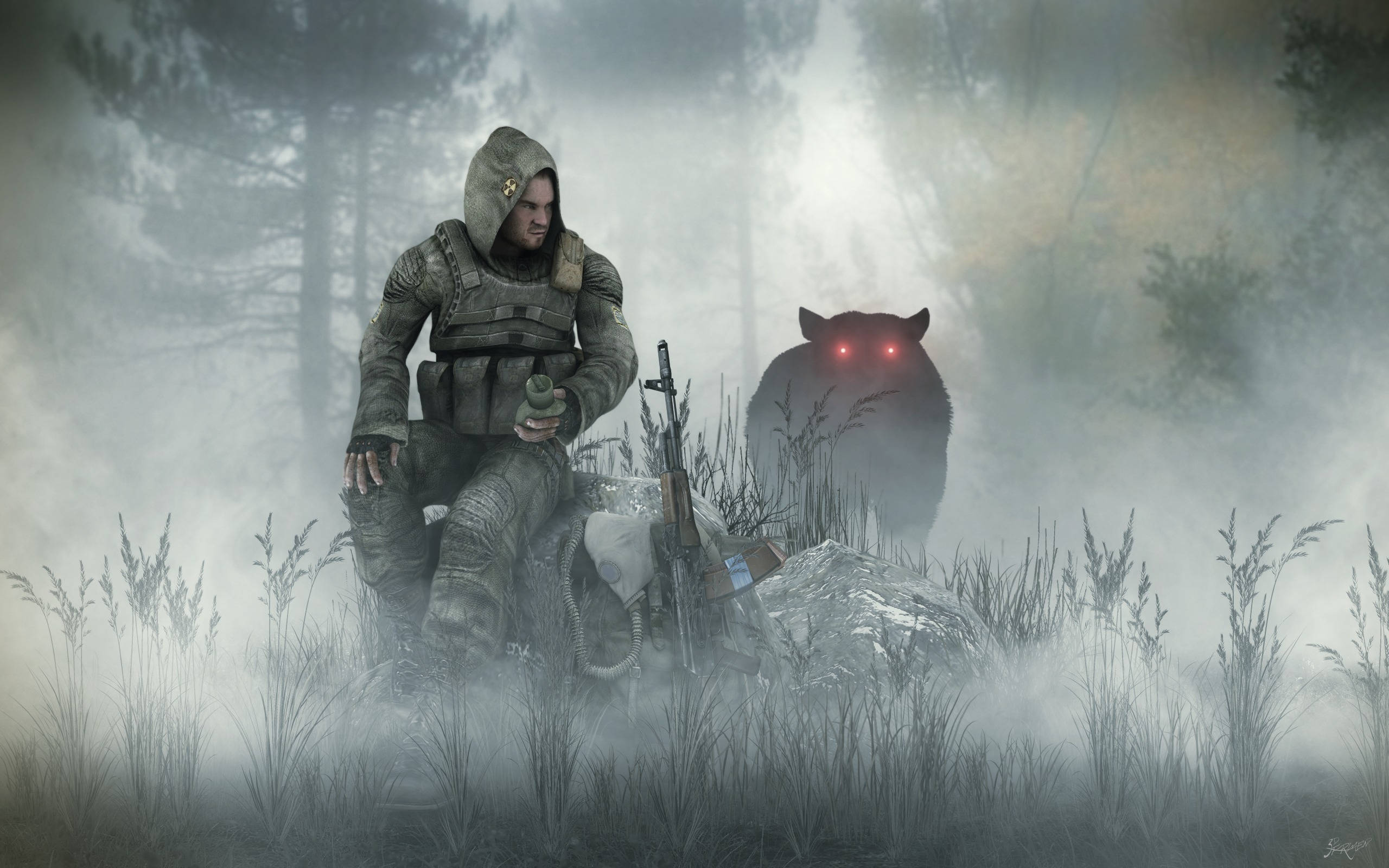 Stalker 桌布 壁紙 — 一名戴著兜帽的士兵坐在迷霧森林中，手持手榴彈，身後有一隻發著紅光的熊若隱若現。