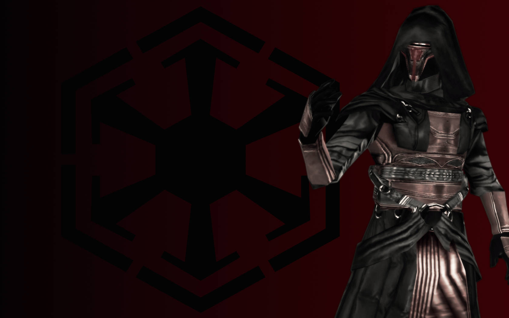 Revan 桌布 壁紙 — 一名戴著兜帽的審判官站在深紅色背景前，背景上有大膽的黑色剪影帝國標誌。