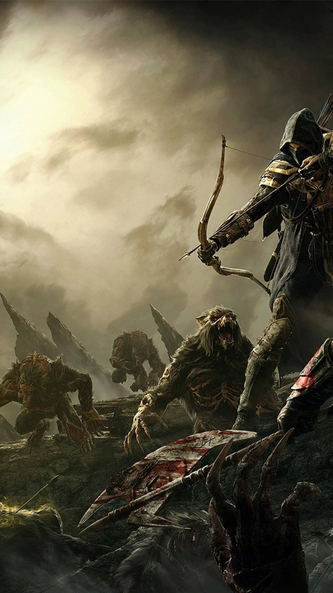 iPhone 桌布 壁紙 — 一名戴著兜帽的弓箭手在風雨交加、迷霧籠罩的戰場上，於瘀青色的天空下，對抗著怪獸。