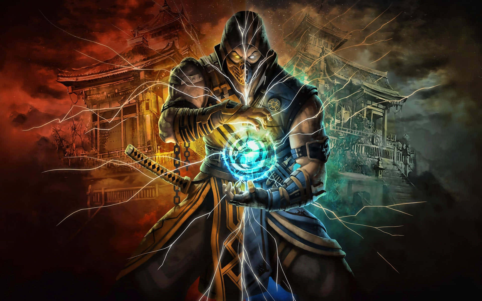 Mortal Kombat Legacy 桌布 壁紙 — 一名戴著兜帽的忍者戰士在火焰寺廟背景下，雙手之間引導發光的藍色能量。
