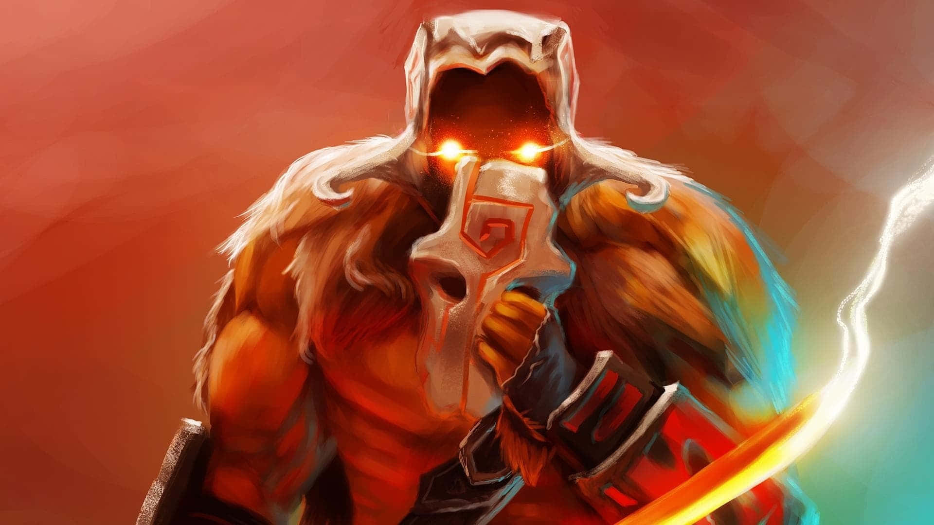 Dota 2 Juggernaut 桌布 壁紙 — 一名戴著兜帽的戰士，雙眼發出橙色光芒，手握發光劍，背景是火紅與青綠色。